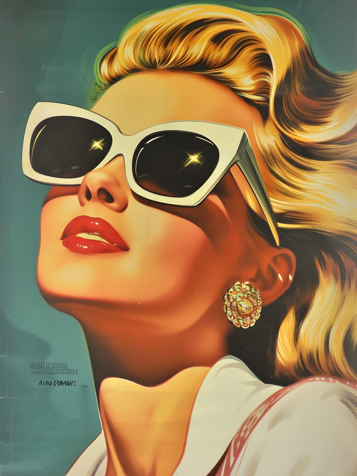 Blonde vrouw met witte zonnebril en oorbel