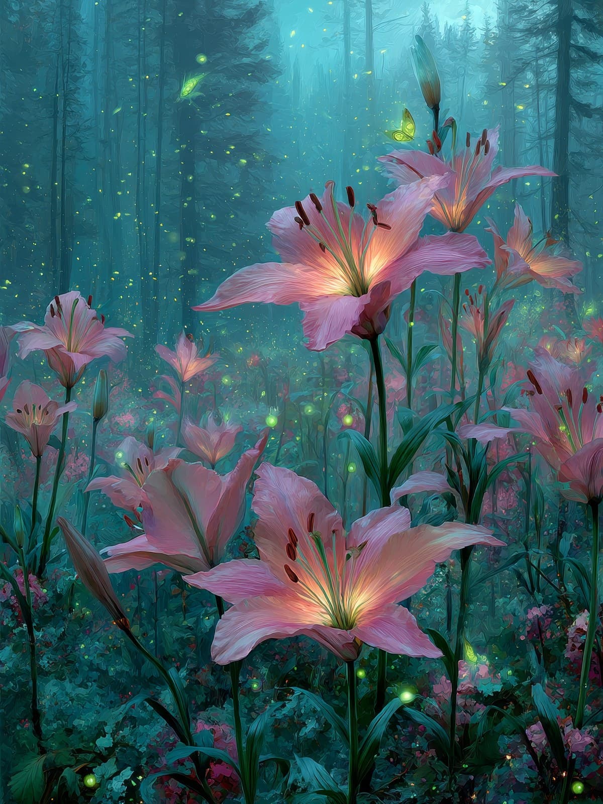 Roze lelies in een mistig groen bos
