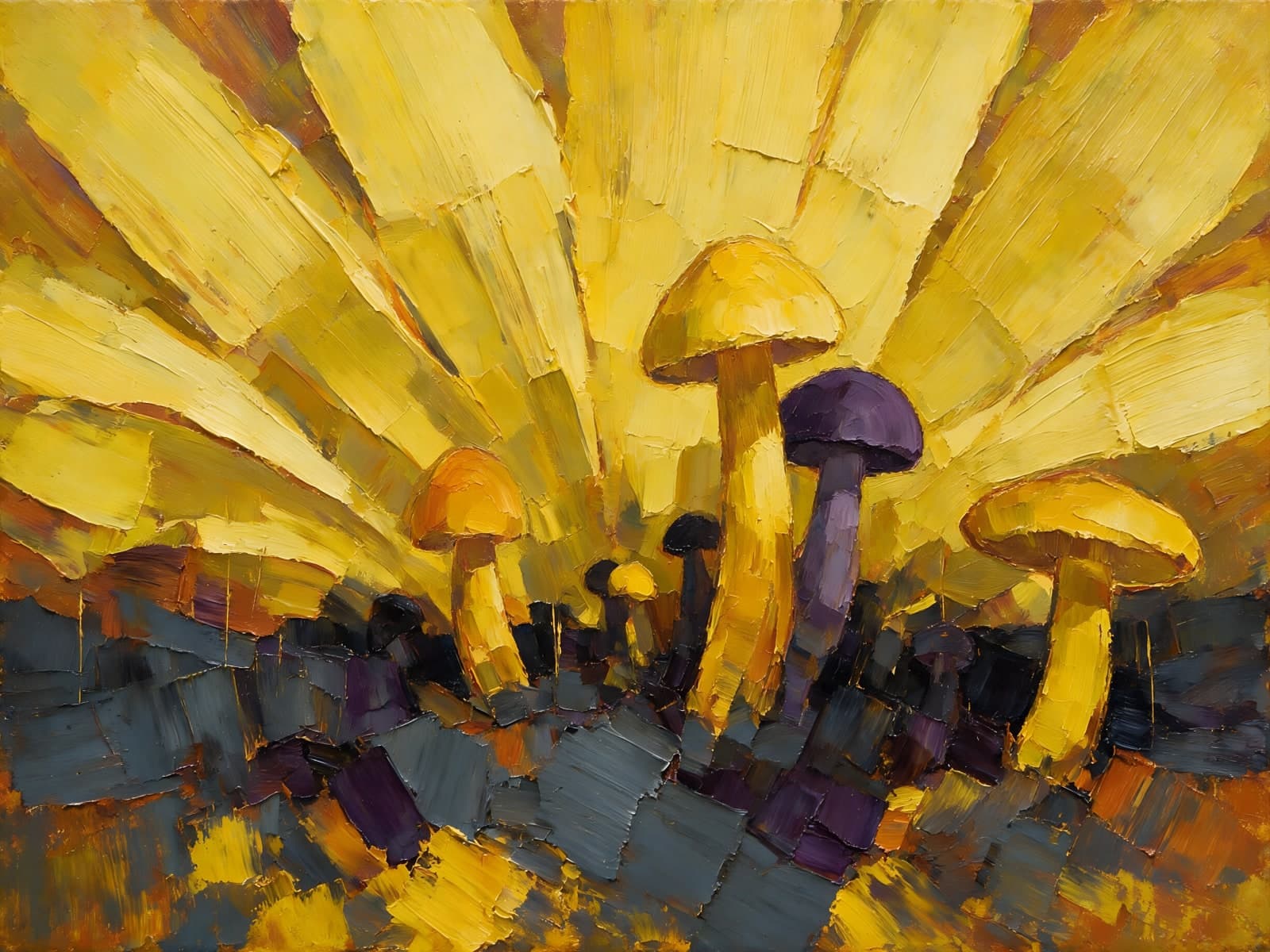 Gele paddenstoelen onder stralende gele zon