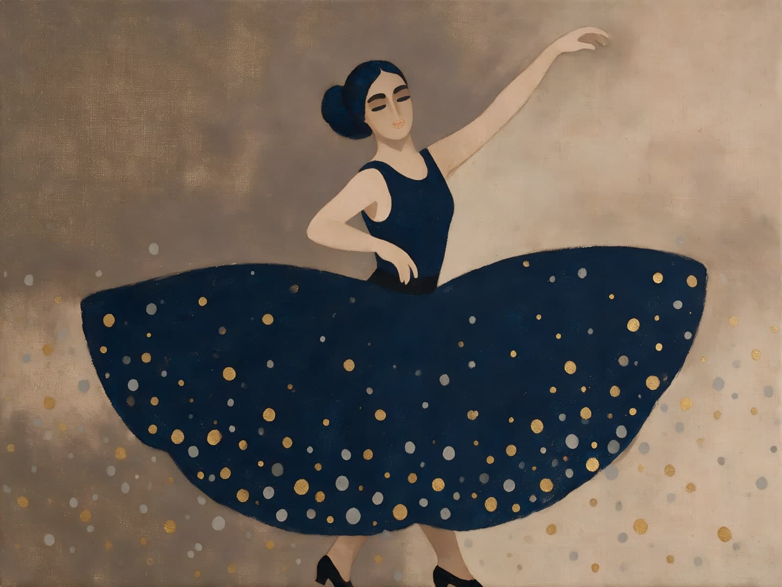 Danseres in donkerblauwe jurk met gouden stippen