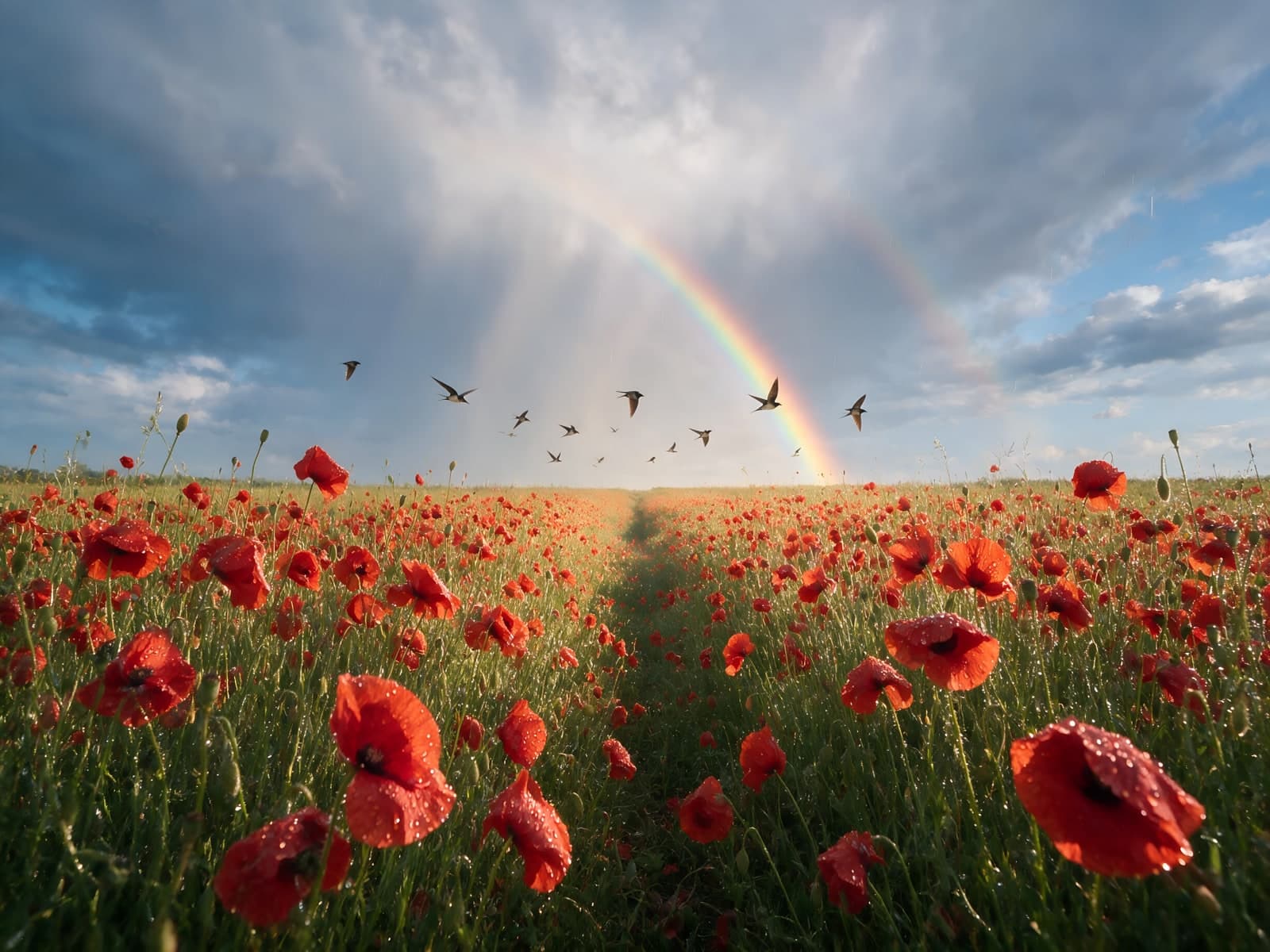 Regenboog en vogels boven klaprozenveld