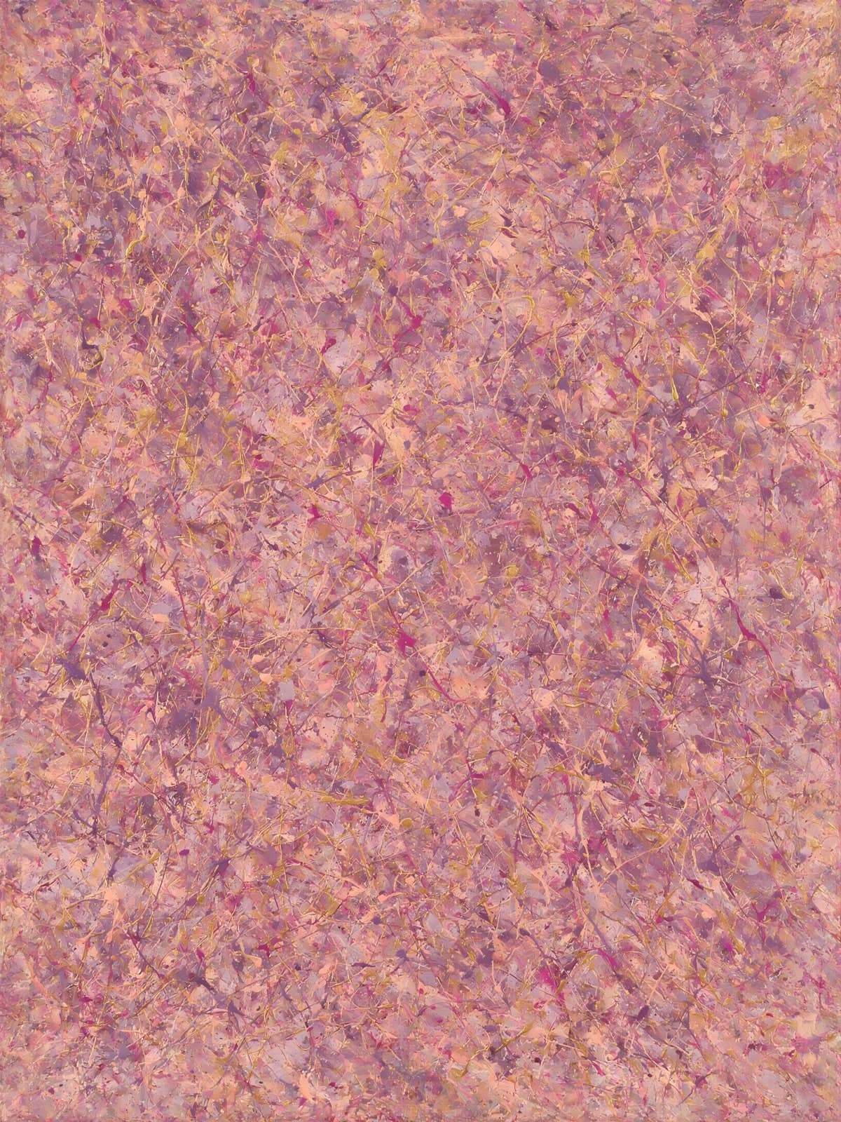 Roze en paarse verfvlokken over het doek