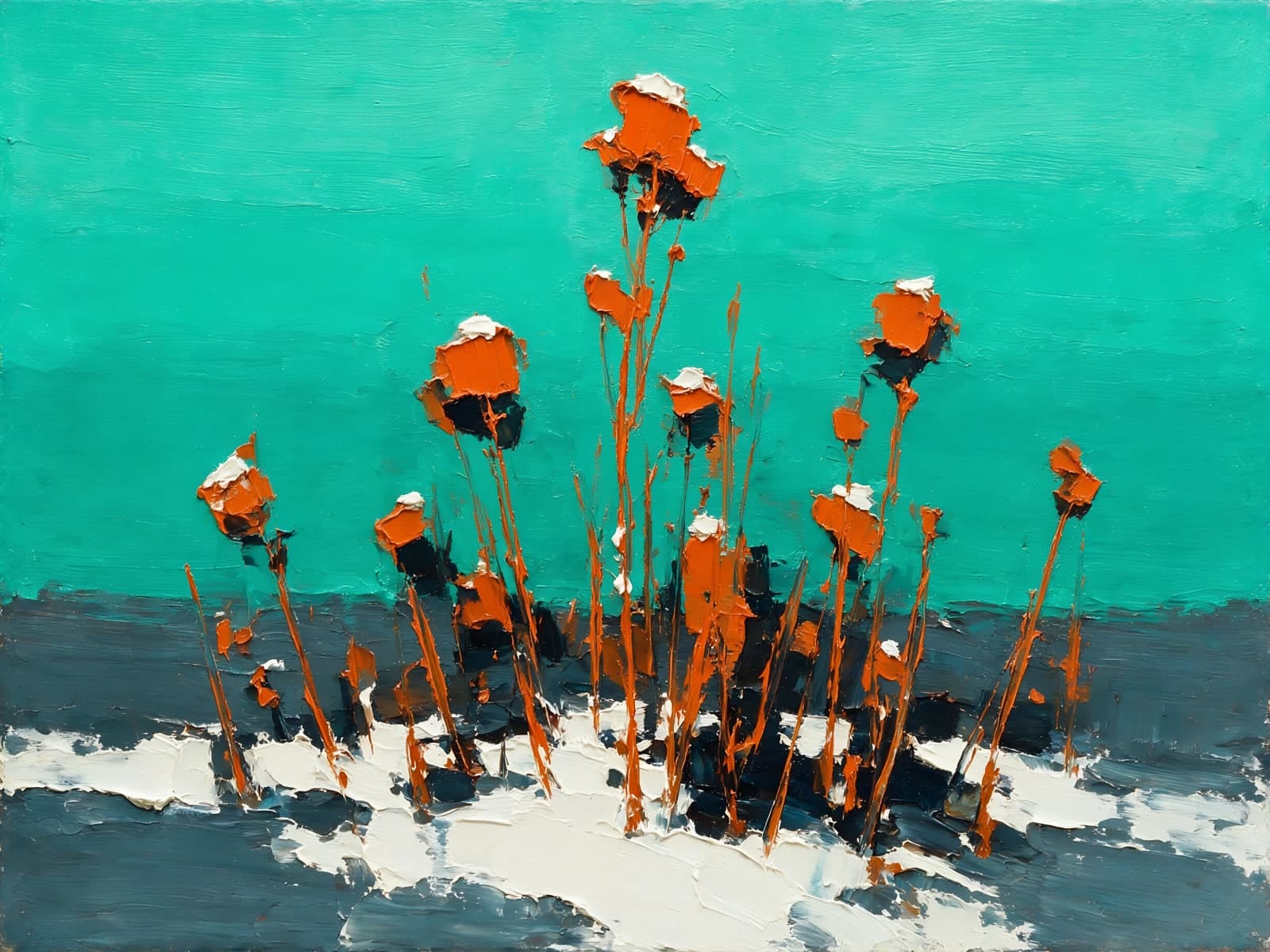 Oranje bloemen voor een turkooizen vlak