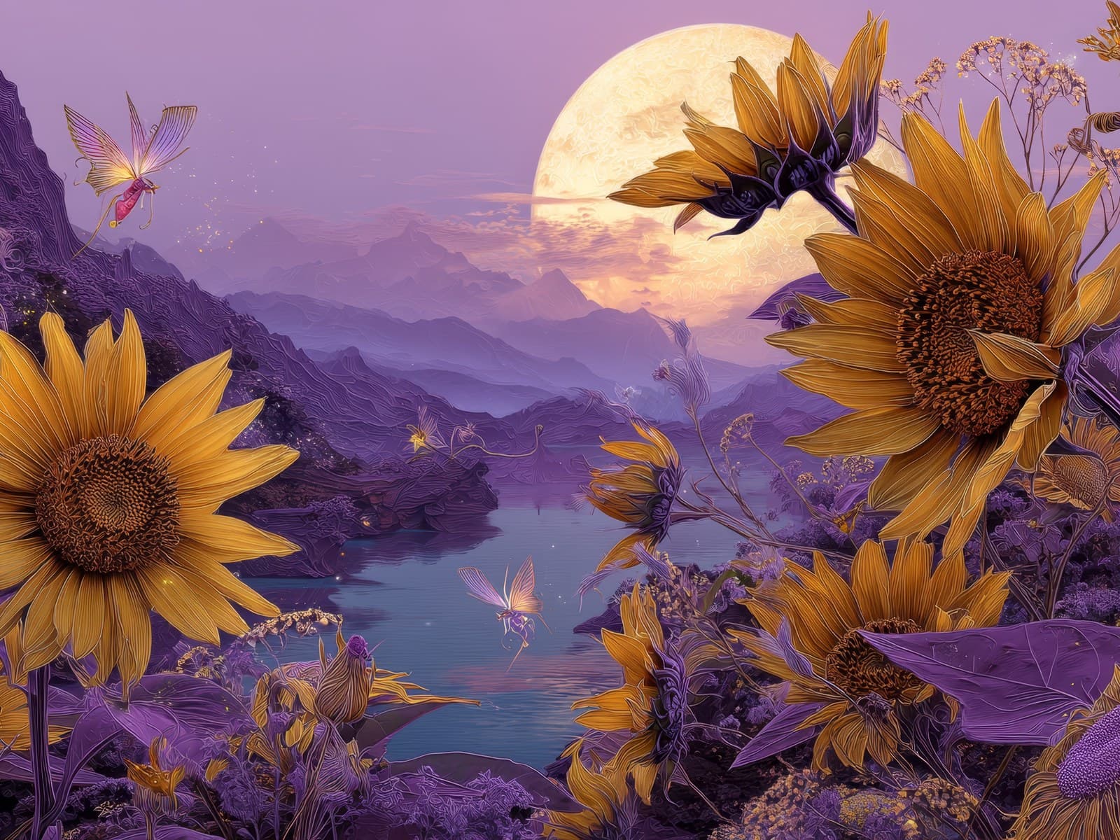 Zonnebloemen bij een bergmeer en volle maan