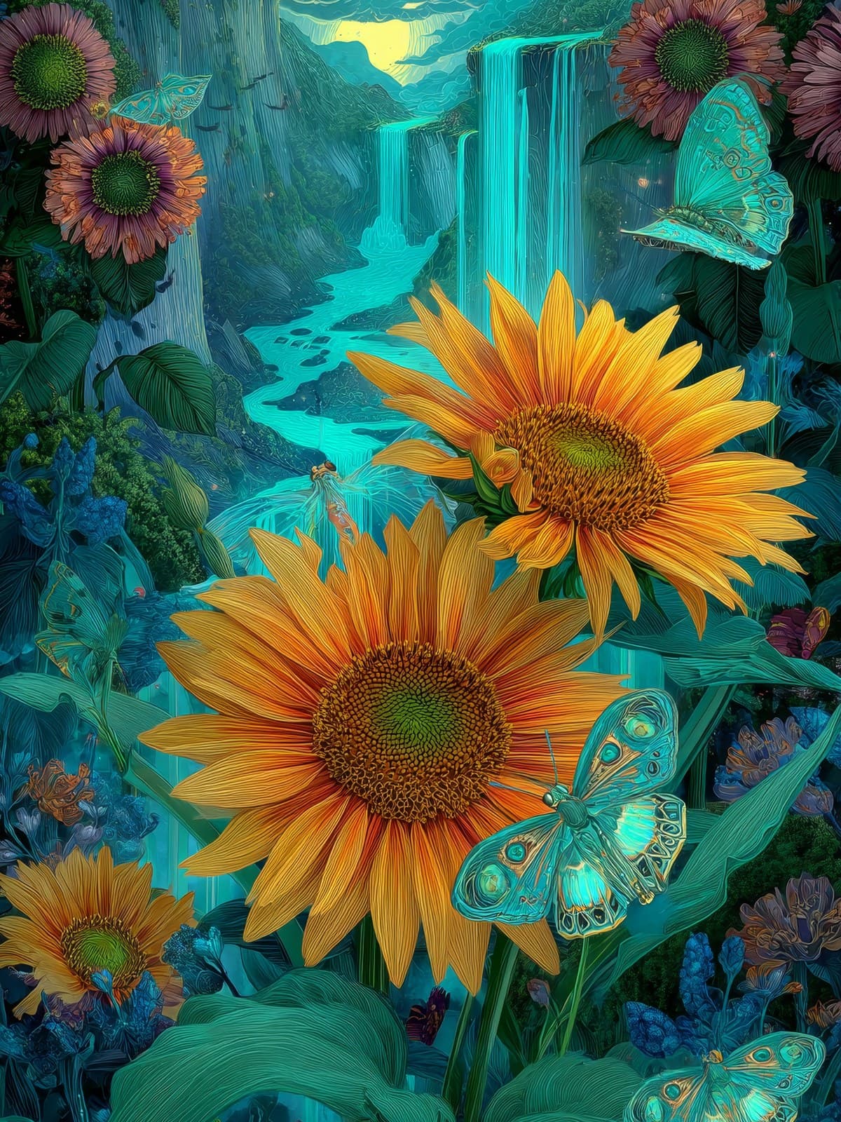 Gele zonnebloemen naast een turquoise waterval