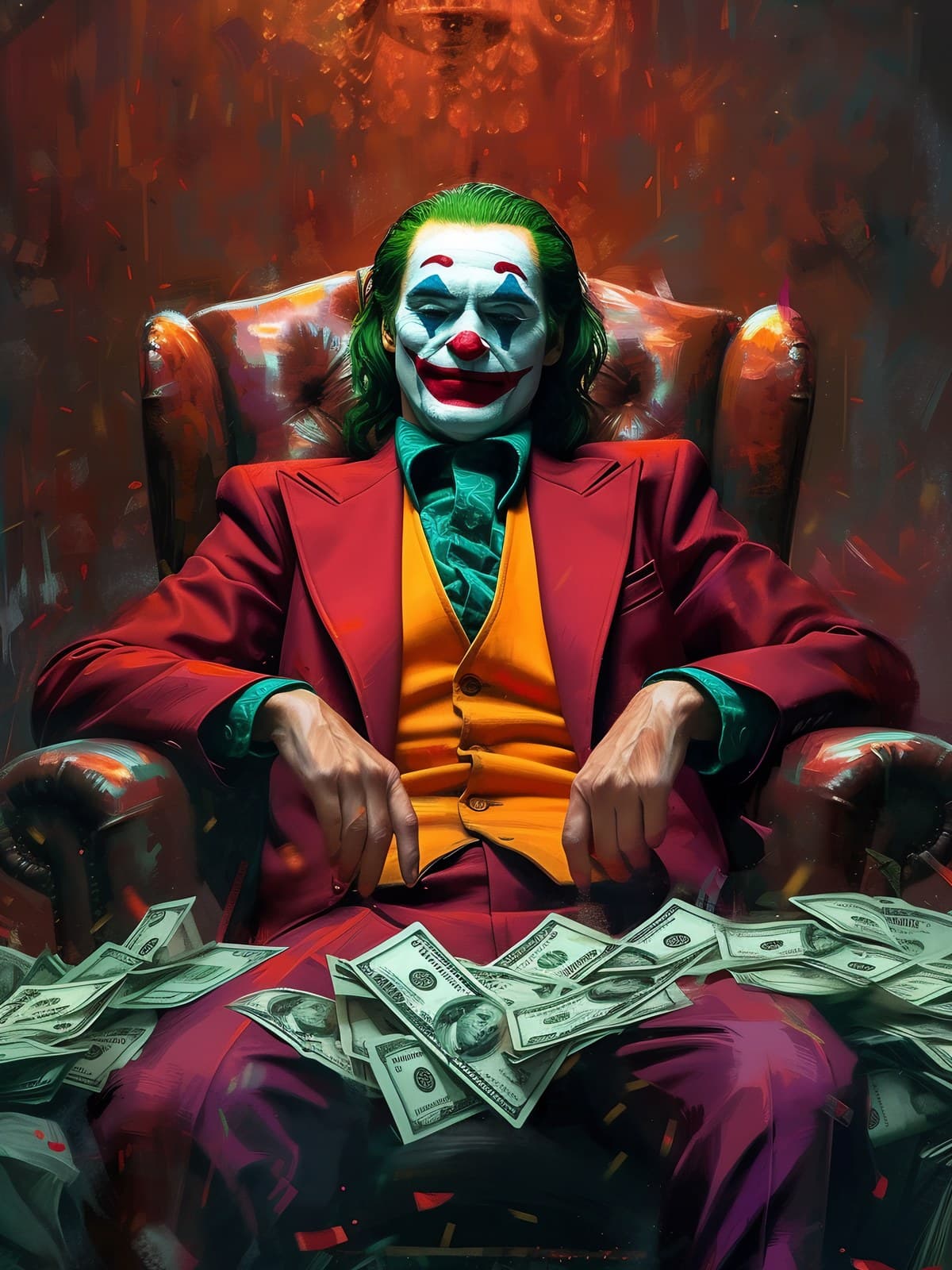 Clown in rood pak tussen dollarbiljetten