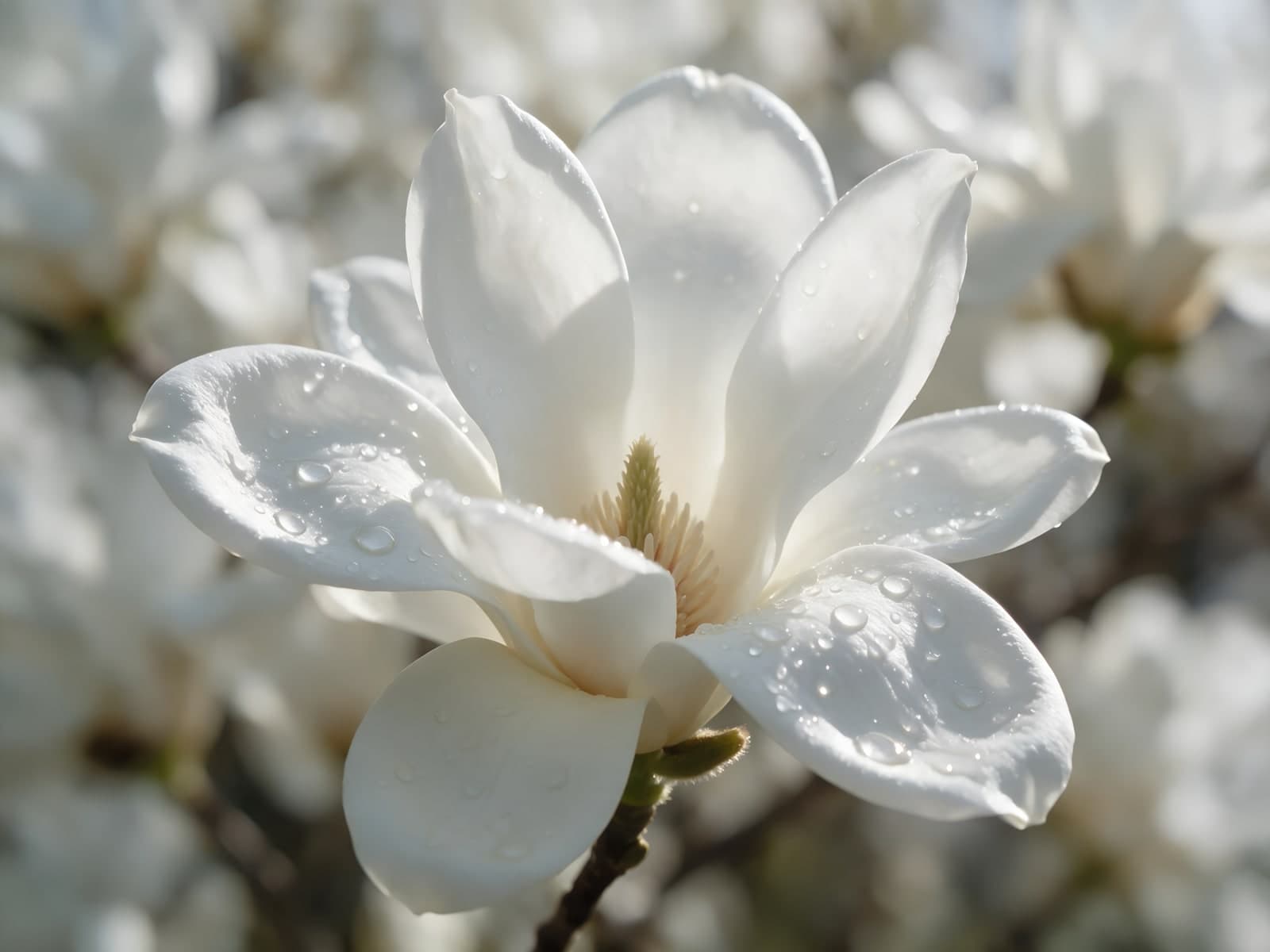 Grote witte magnolia met waterdruppels
