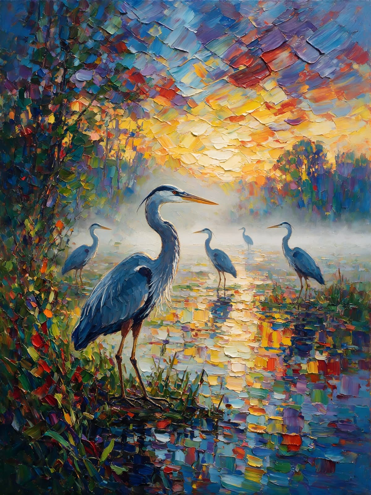 Reigers in mistig water bij gouden licht