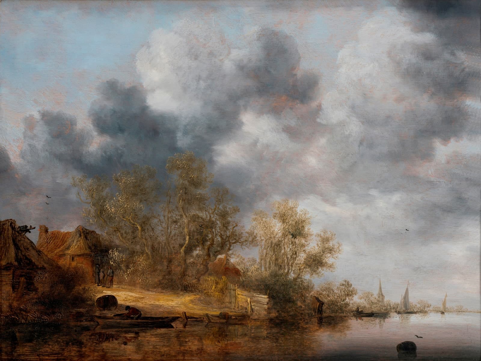 Rivierlandschap met boerderijen en enkele figuren