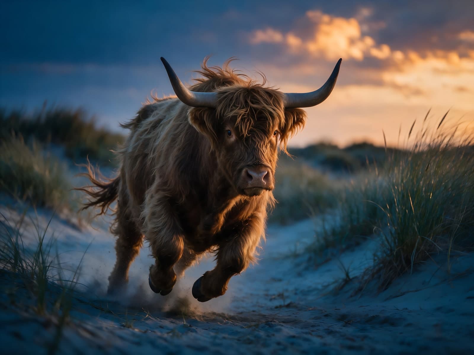 Hooglander rent door duinen bij avondlicht