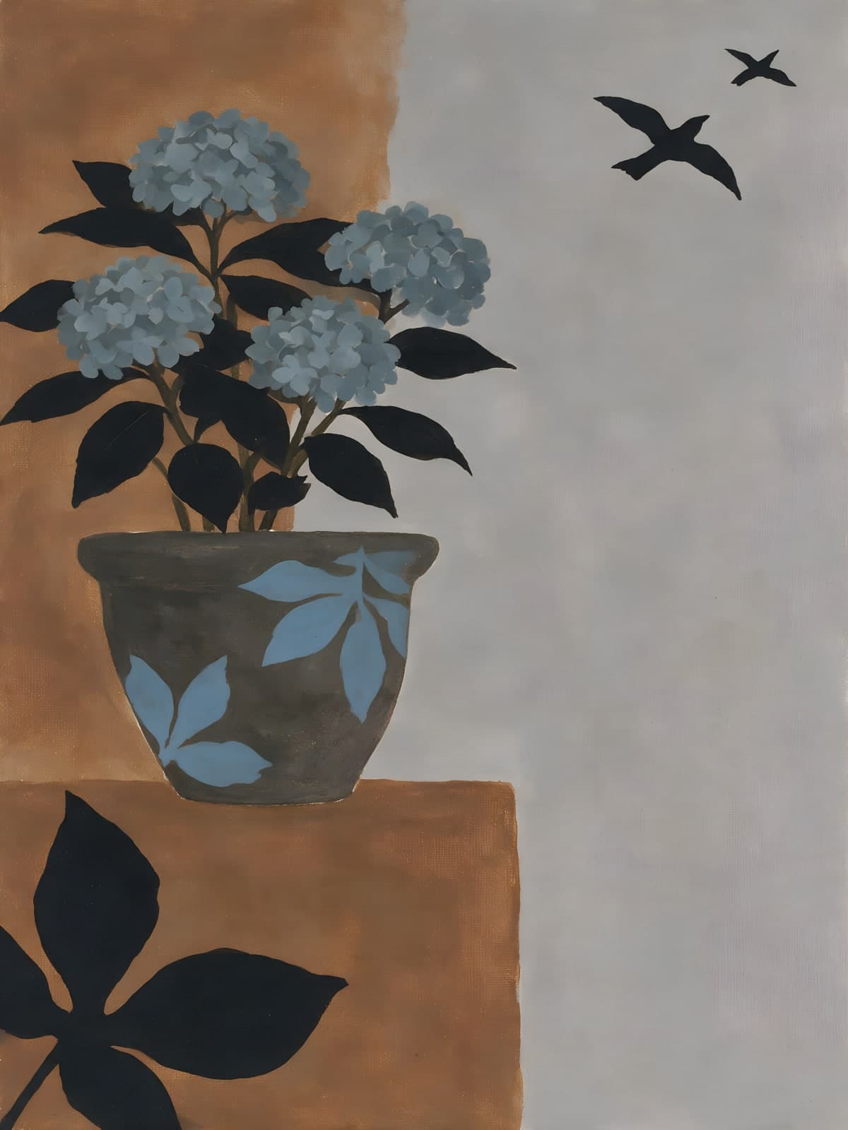 Blauwe hortensia met zwarte vogels