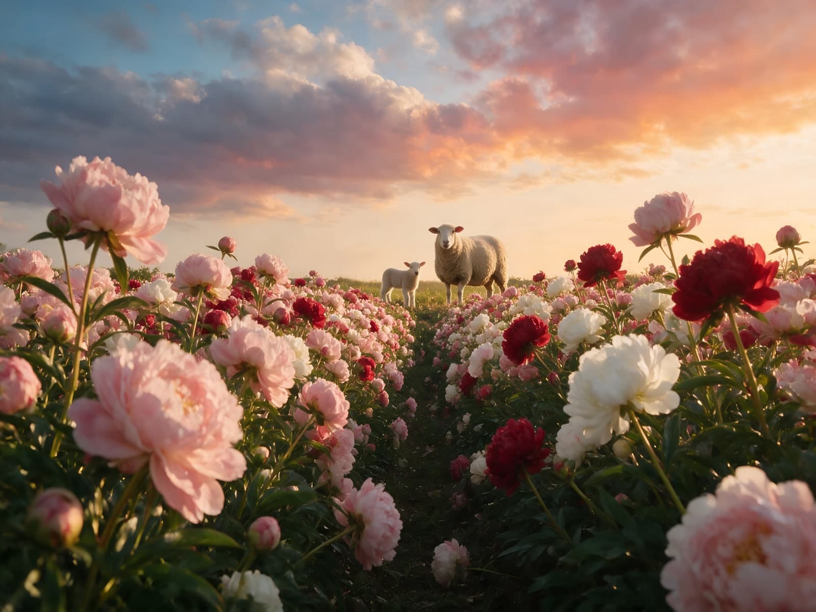 Pioenen in veld met schaap bij avondlicht