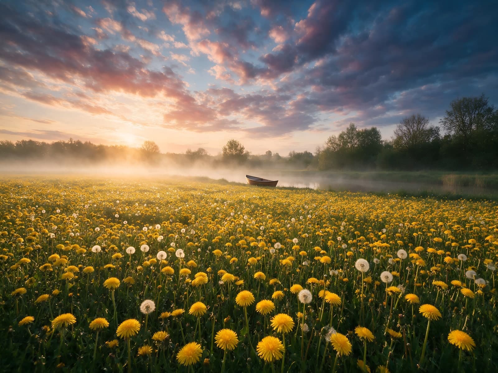 Paardenbloemenveld bij zonsopkomst en mist