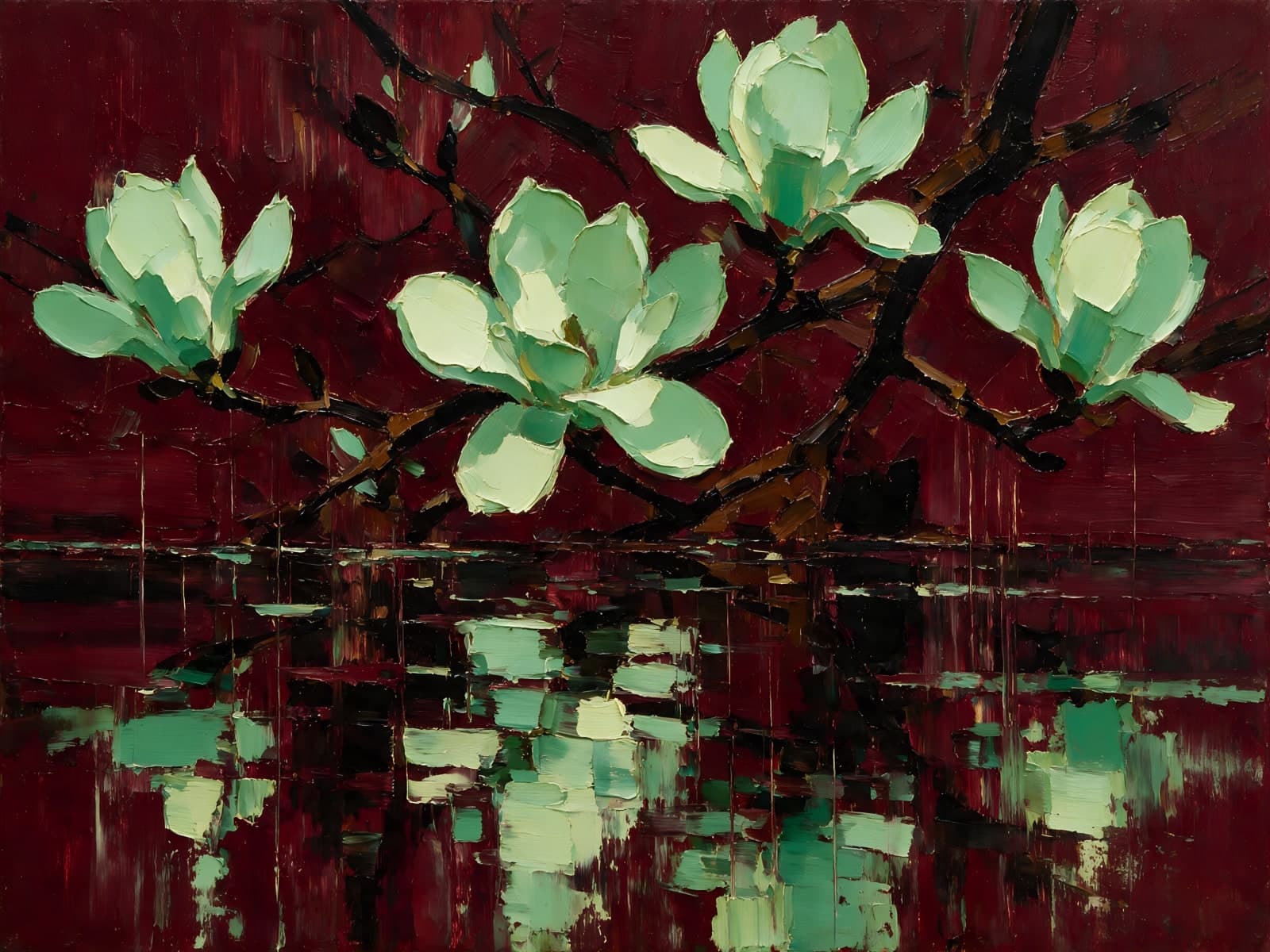 Mintgroene magnolia's boven donkerrood water