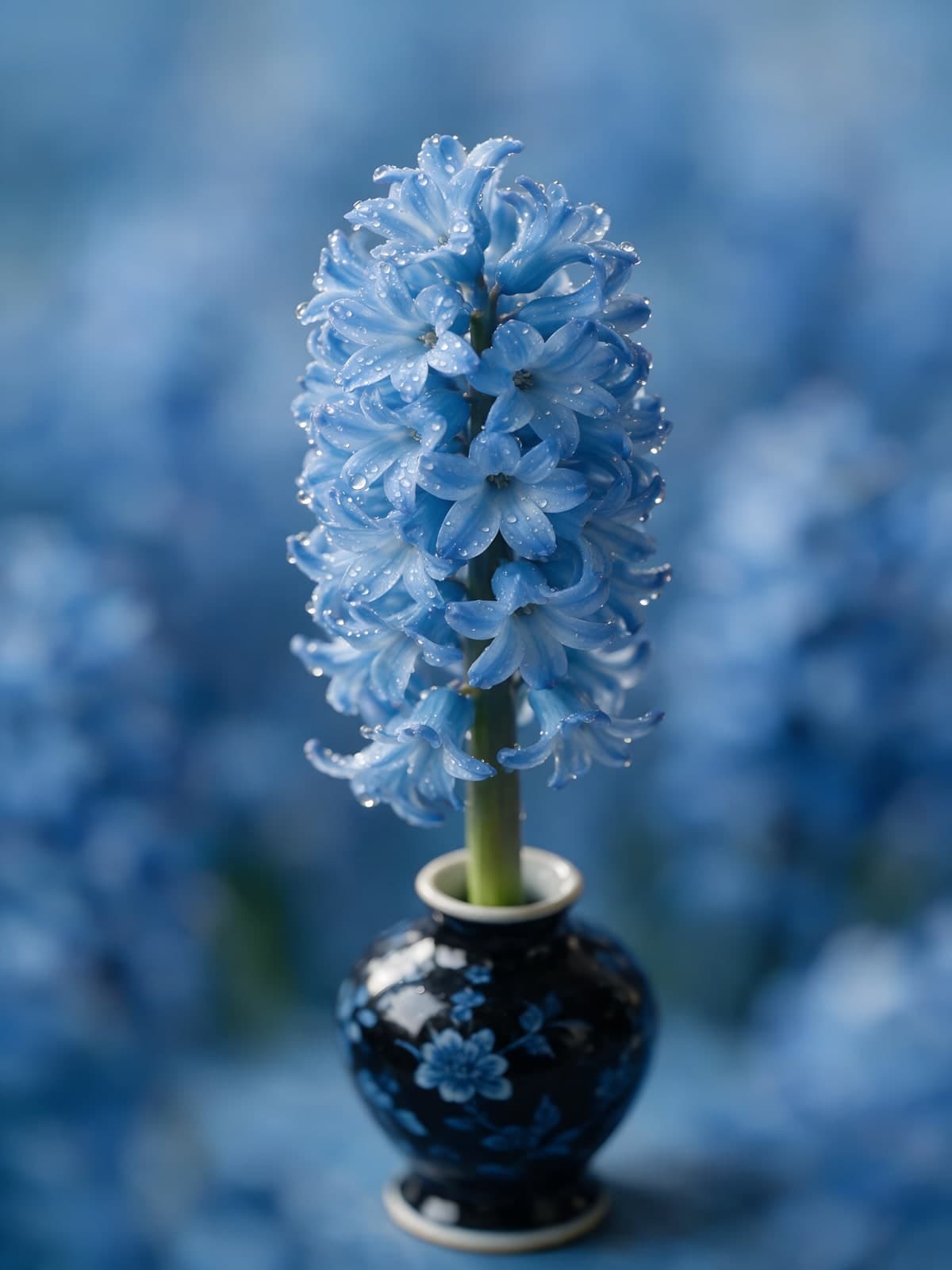 Blauwe hyacint in een donkerblauw vaasje