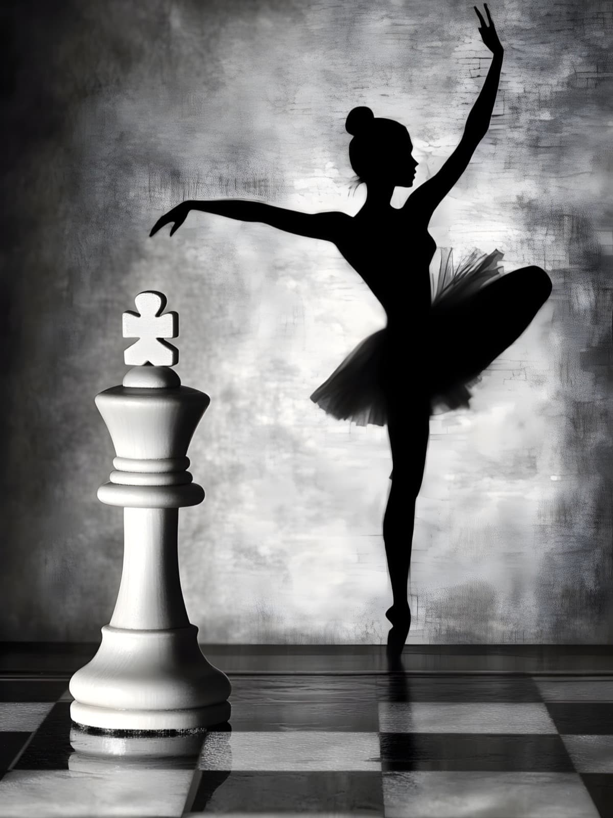 Ballerina naast een grote witte schaakkoning