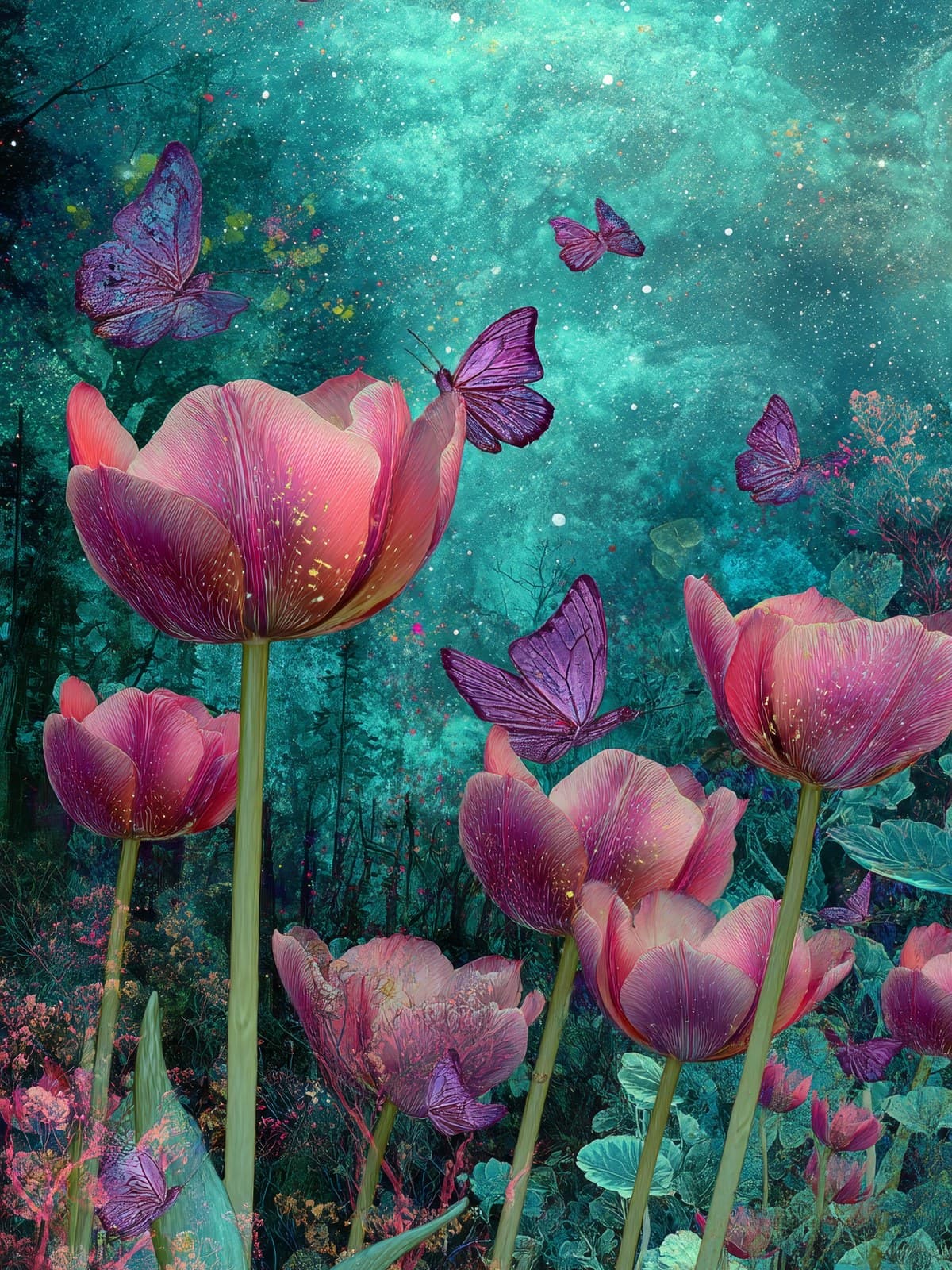 Roze tulpen met paarse vlinders