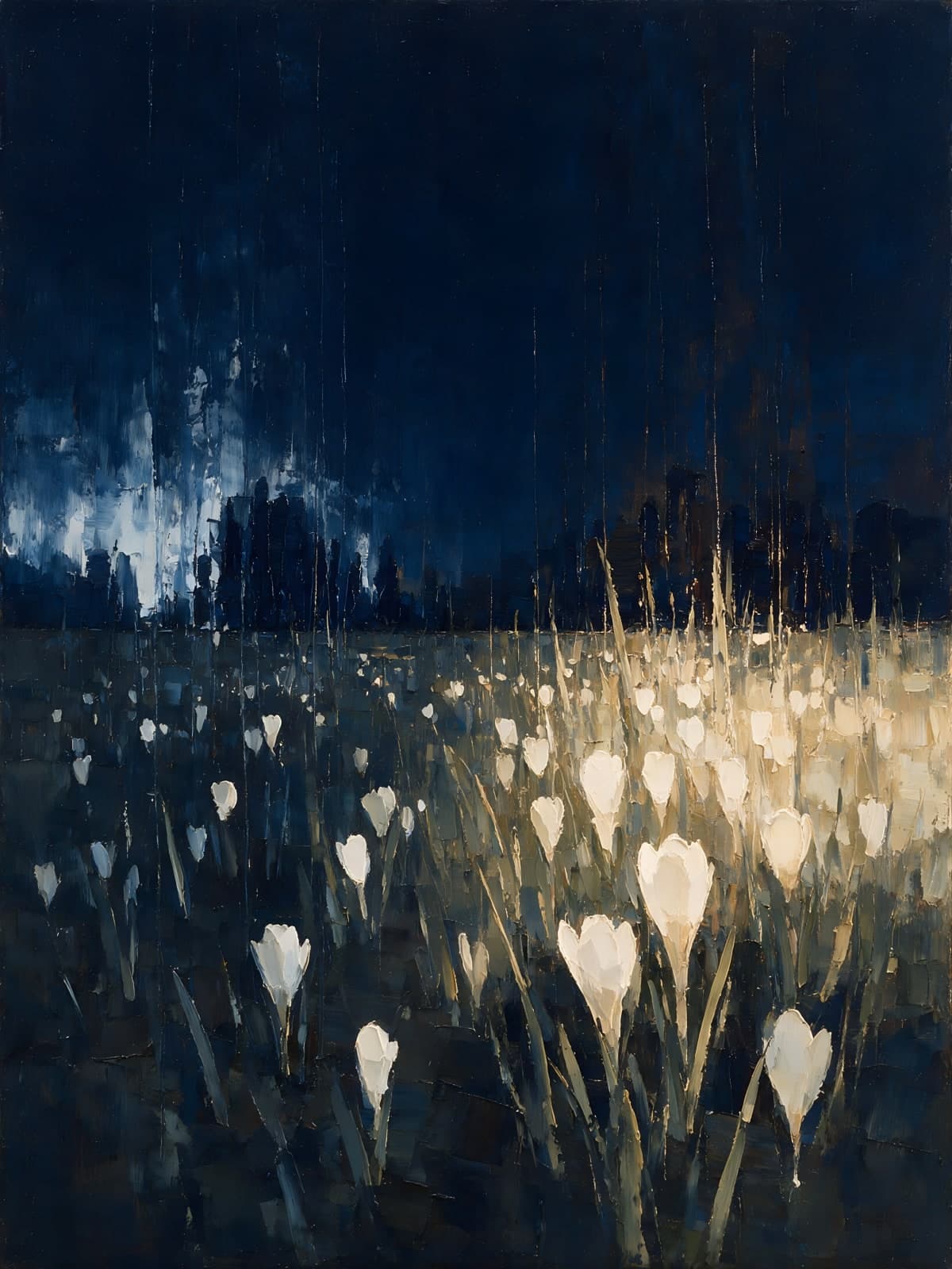 Witte krokussen onder nachtblauwe lucht