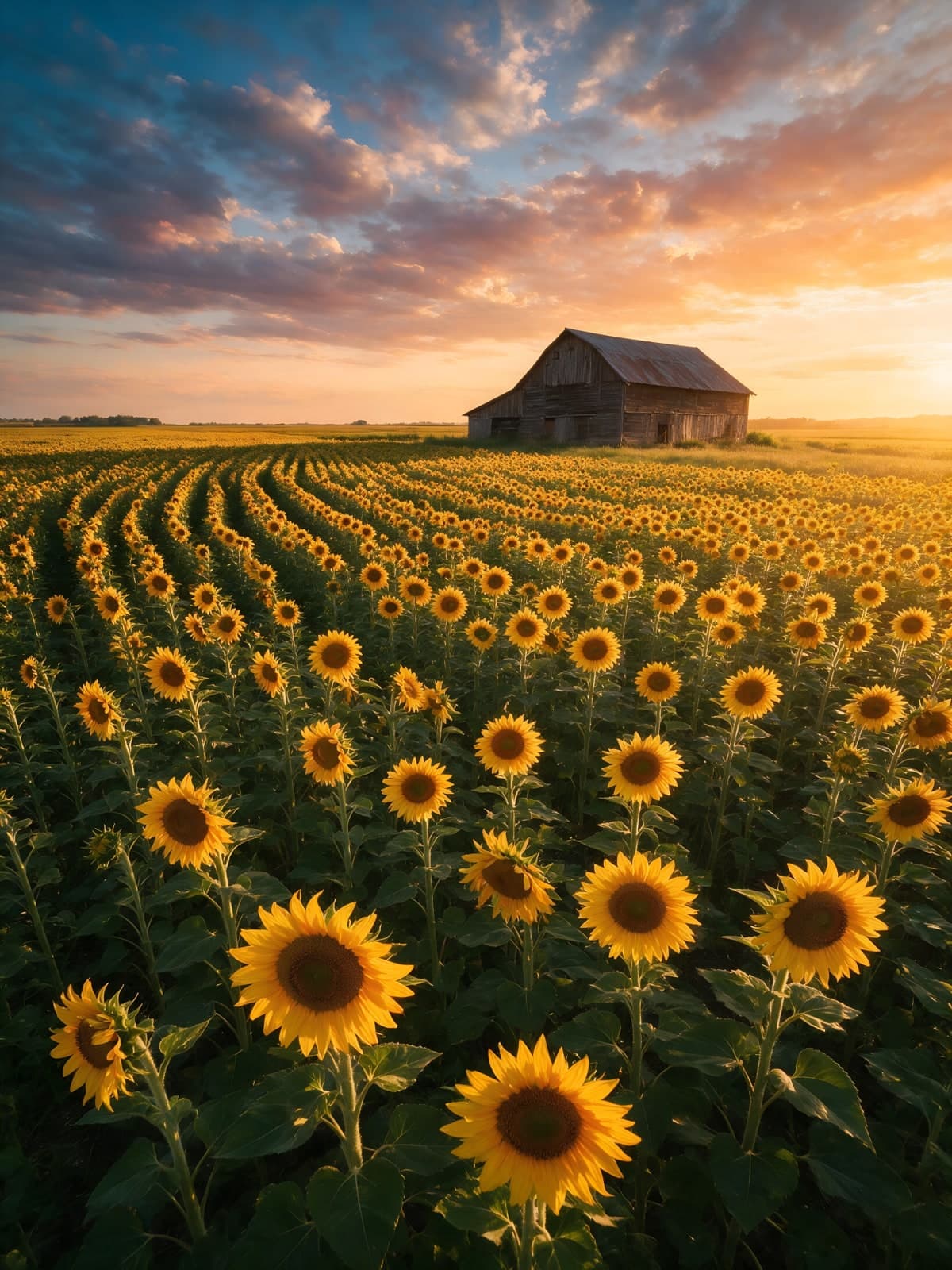 Zonnebloemen rond een schuur bij zonsondergang