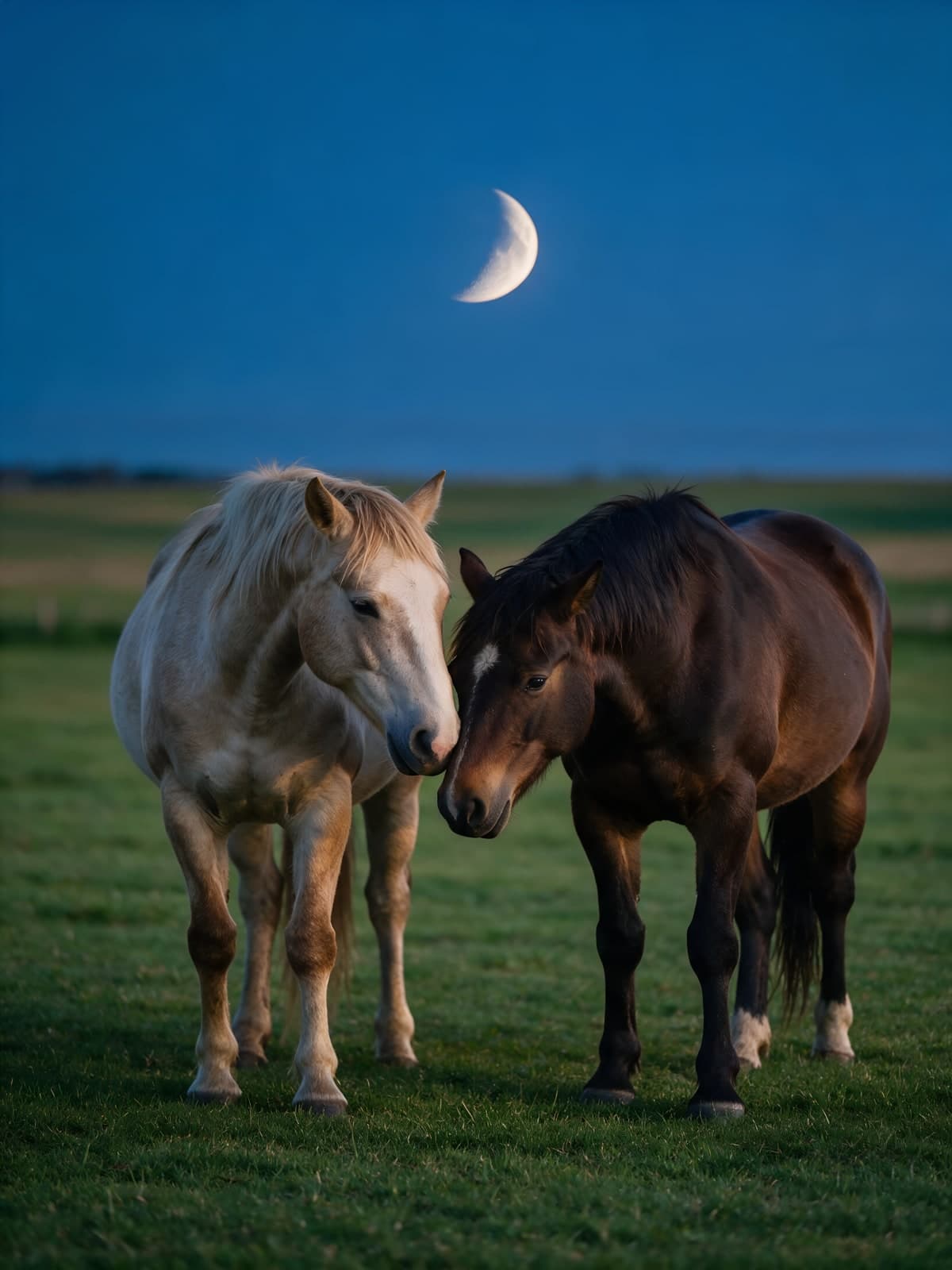 Twee paarden onder een smalle maan