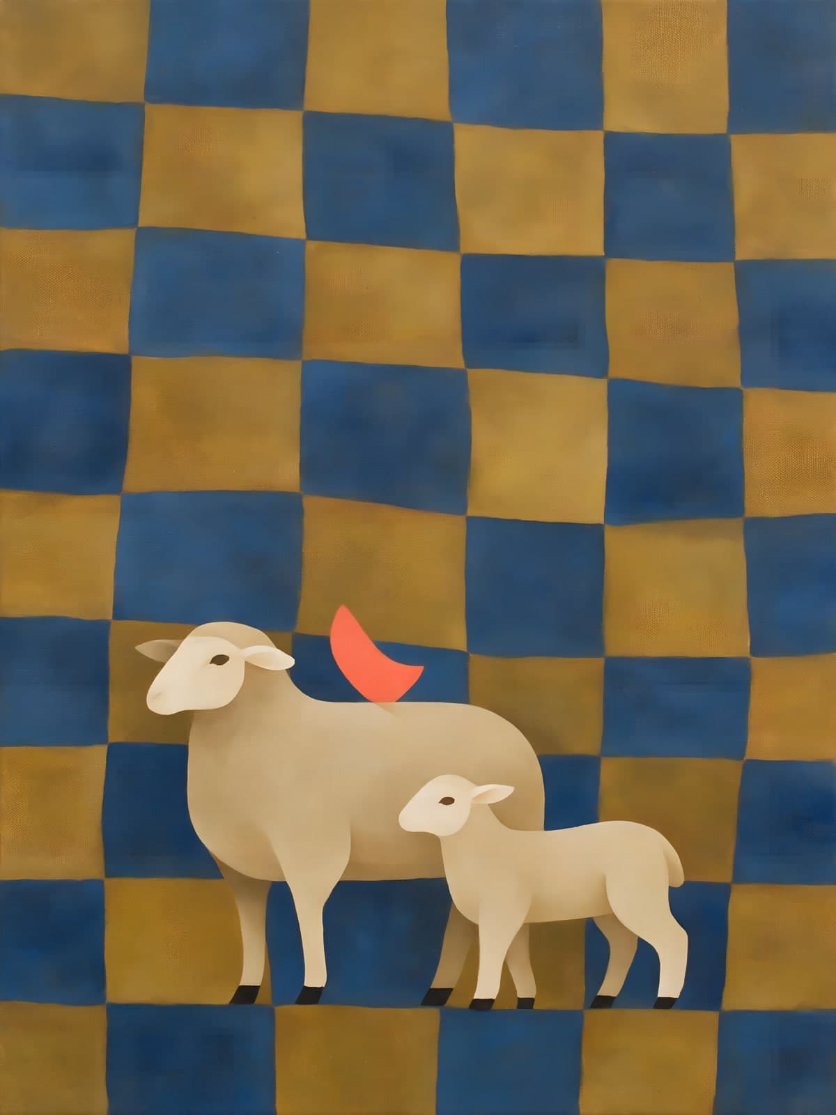 Schaap en lam op blauw geel ruitpatroon