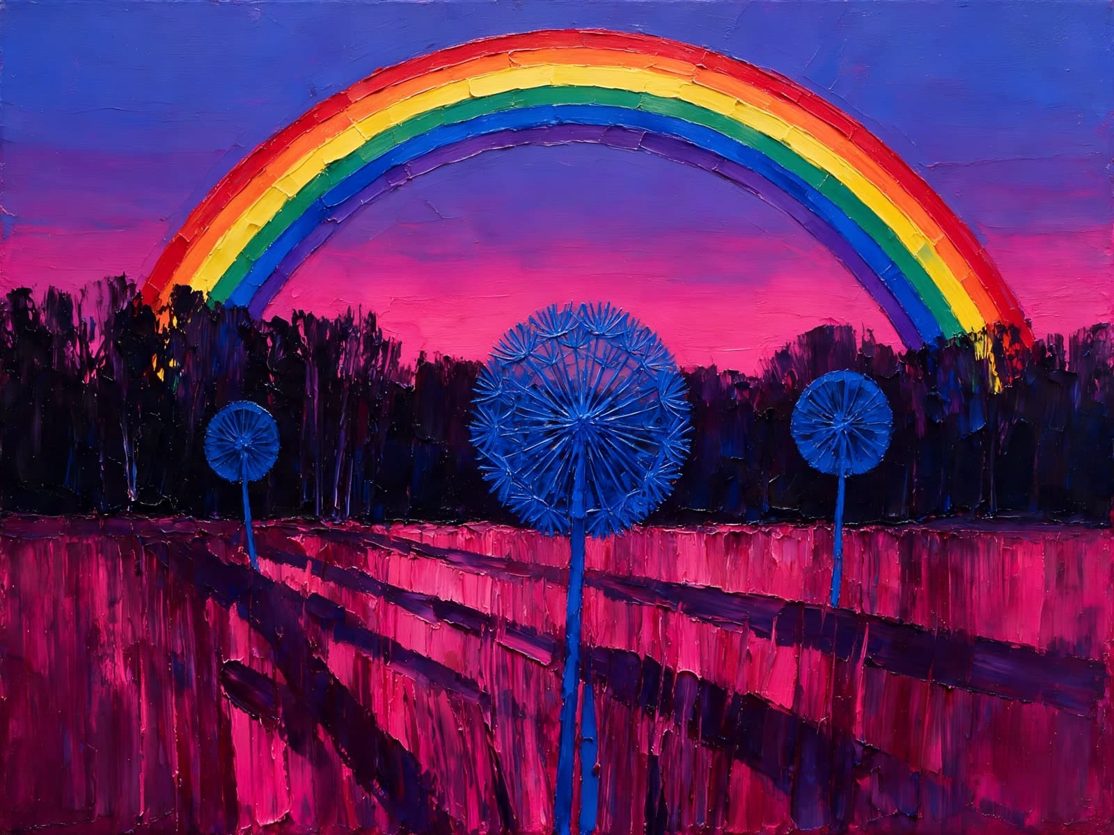 Regenboog boven roze akker met blauwe pluizen