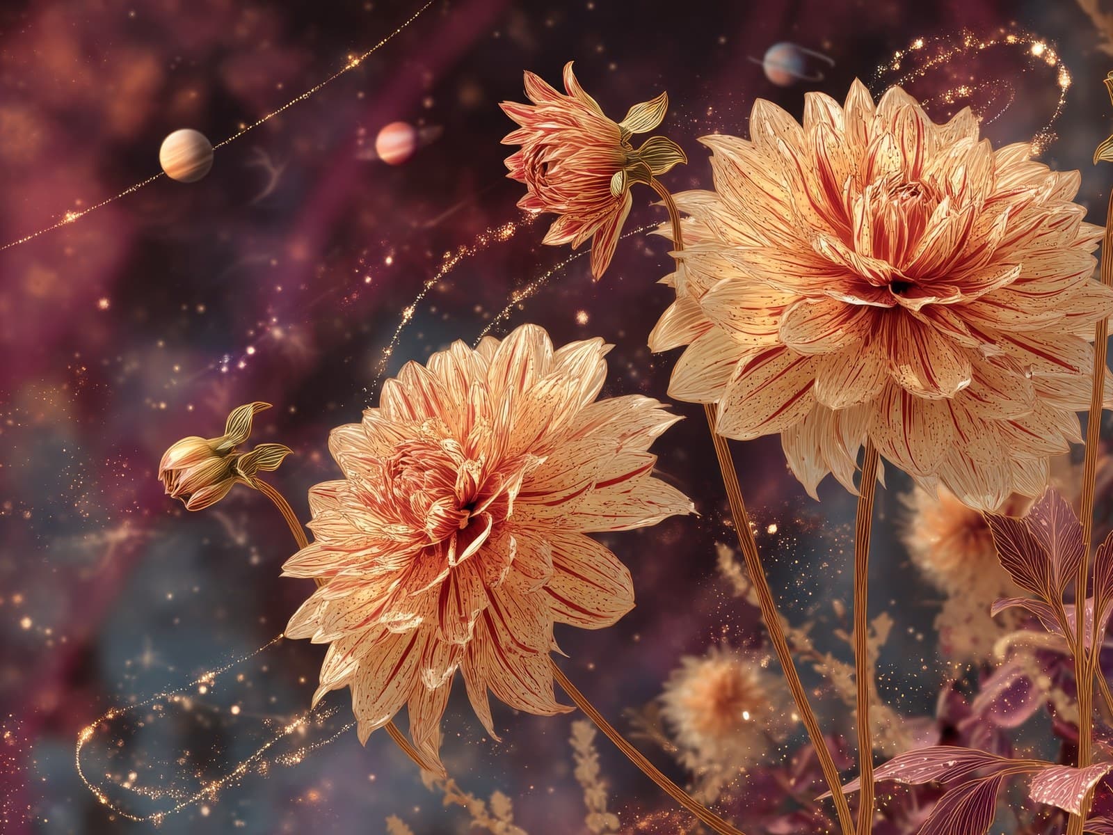 Perzikkleurige dahlia's in een sterrenstelsel