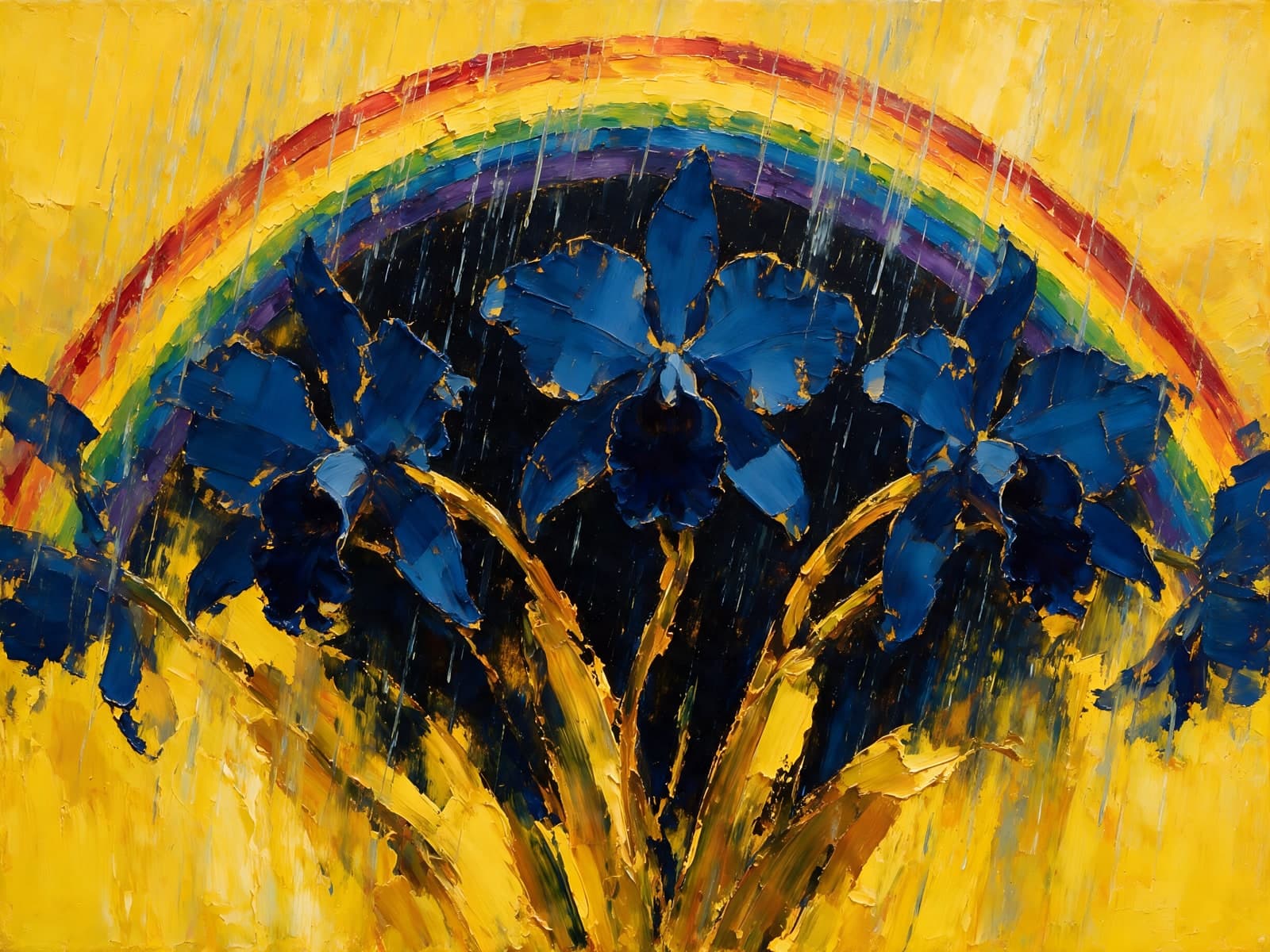 Regenboog boven blauwe irissen op geel