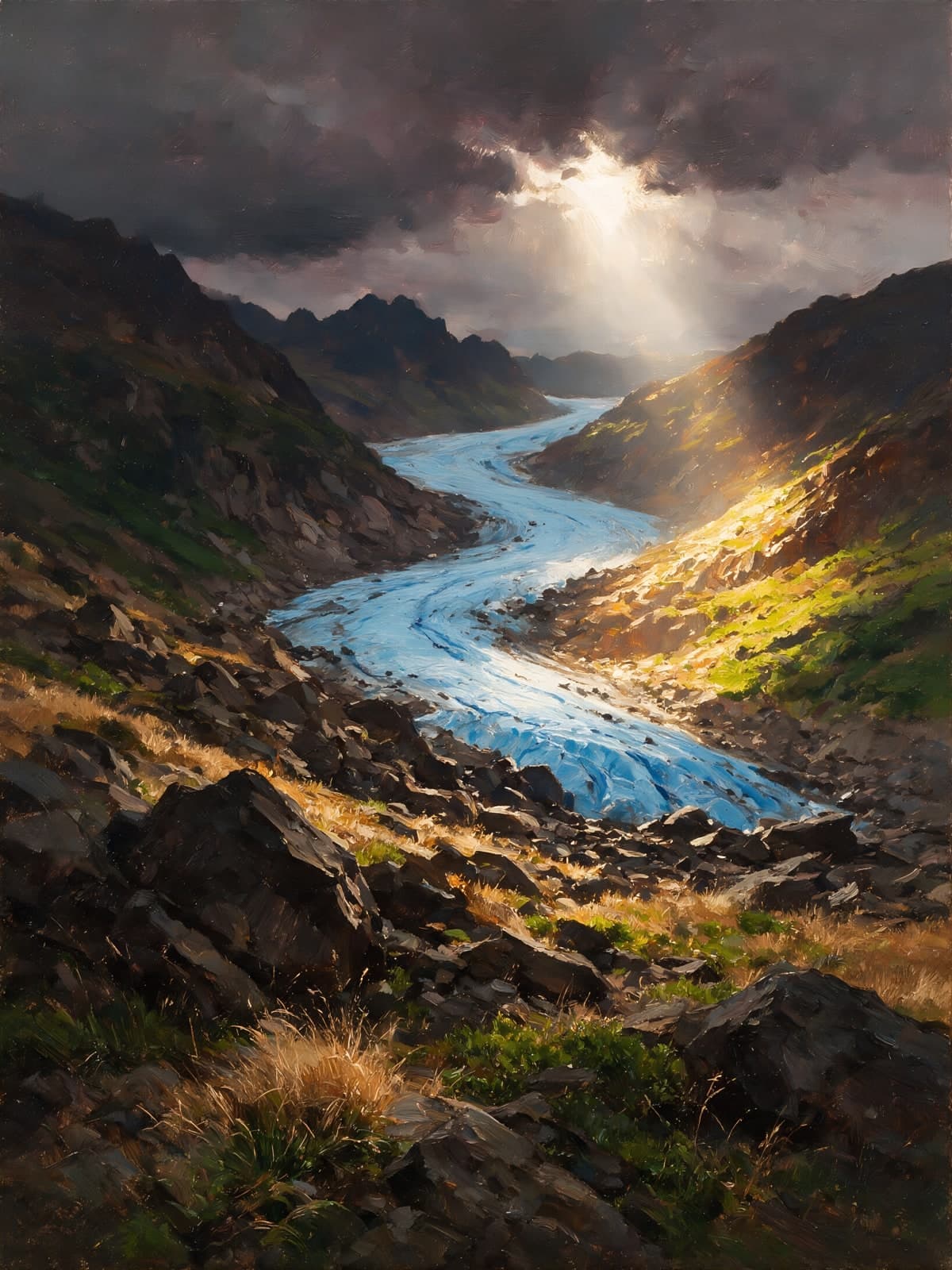 Blauwe gletsjerrivier door rotsachtig dal