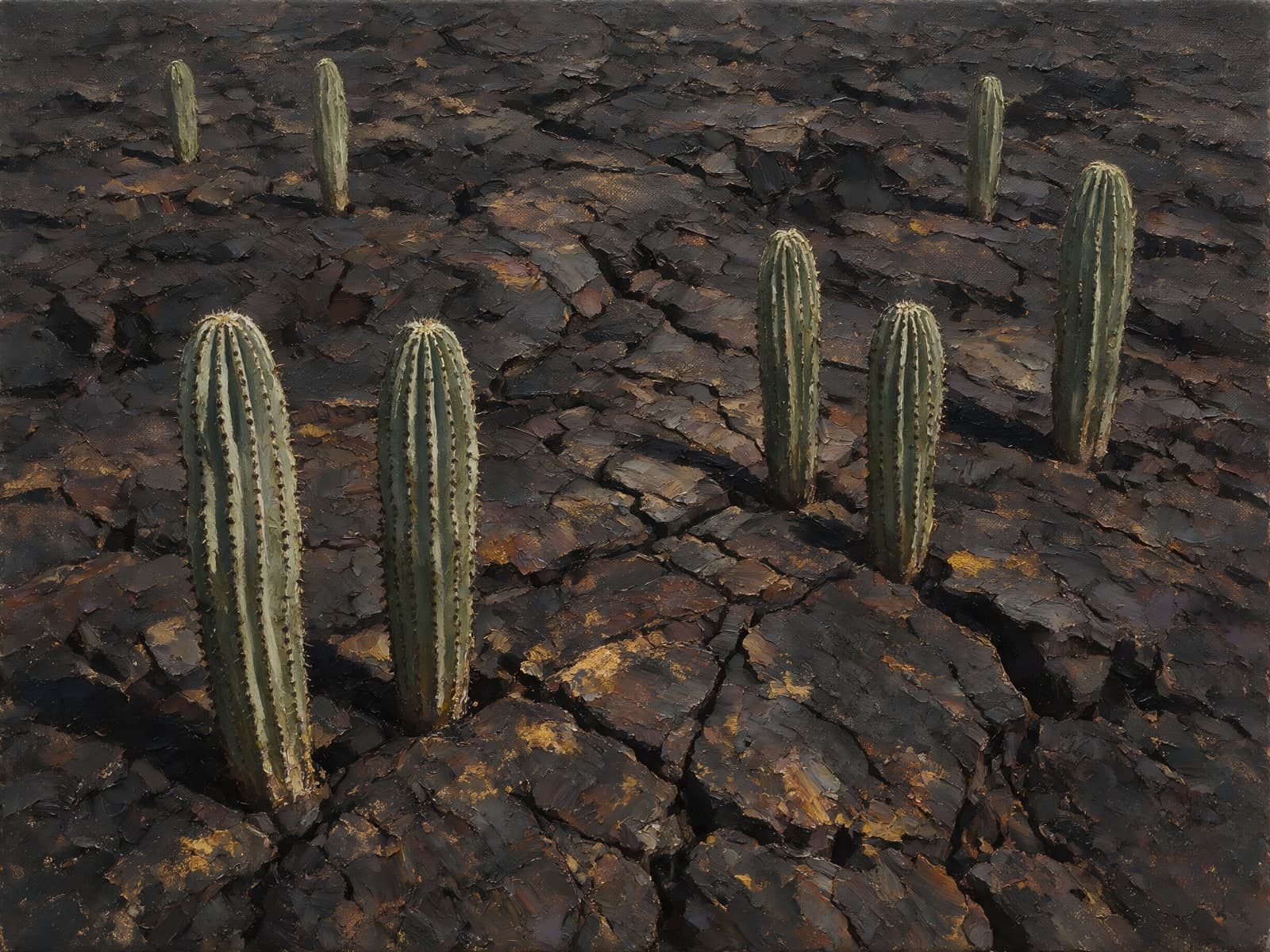 Cactussen op gebarsten donkere aarde