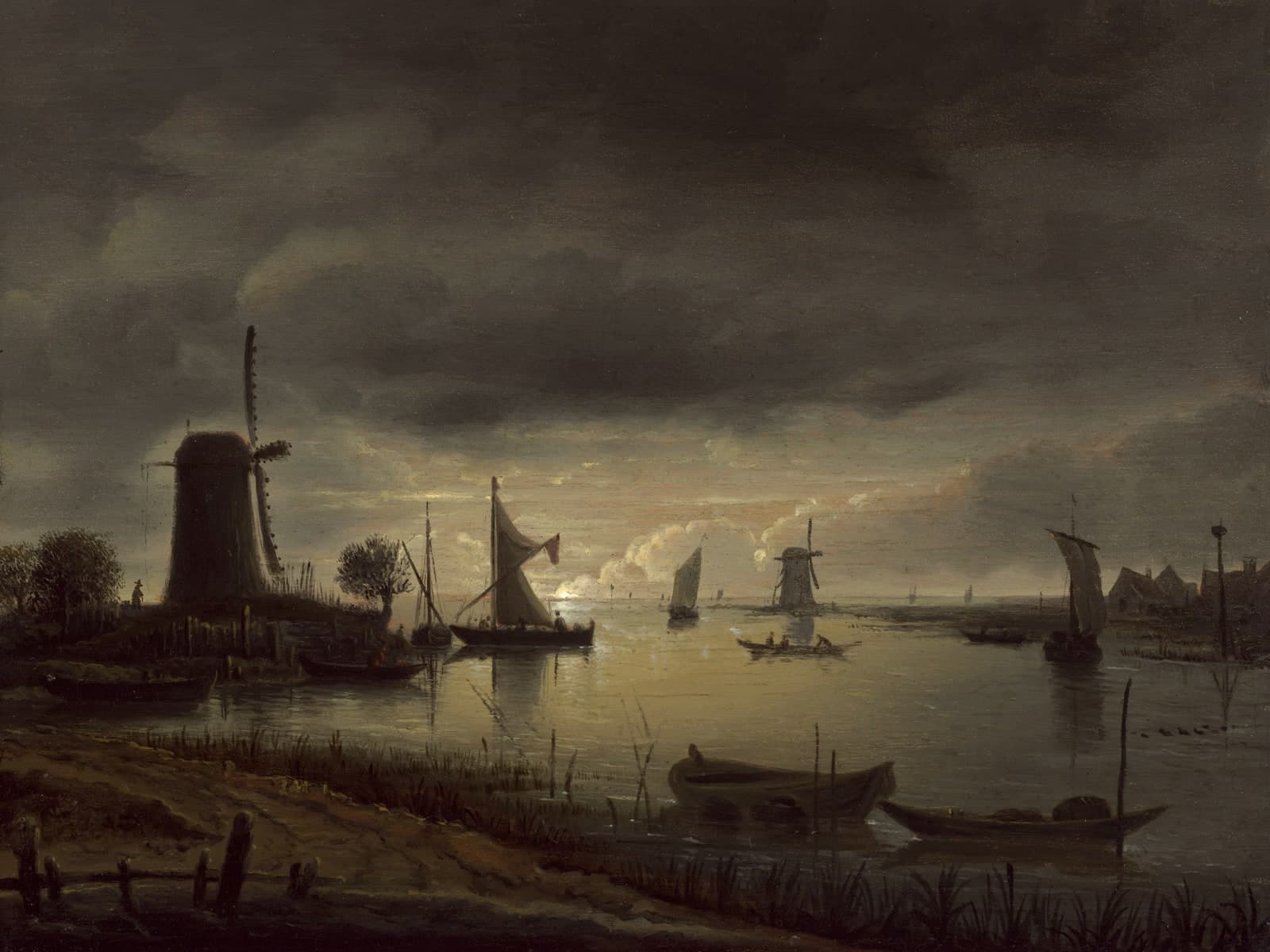 Riviergezicht met windmolen en boten, avond