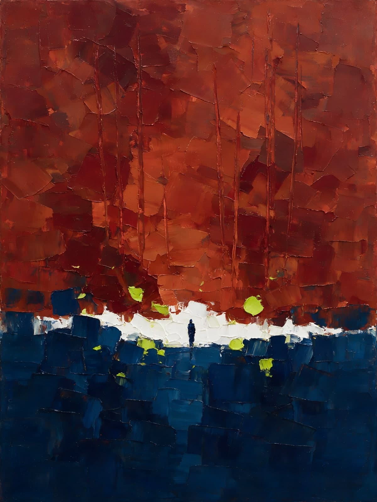 Rood boven donkerblauw met een kleine figuur