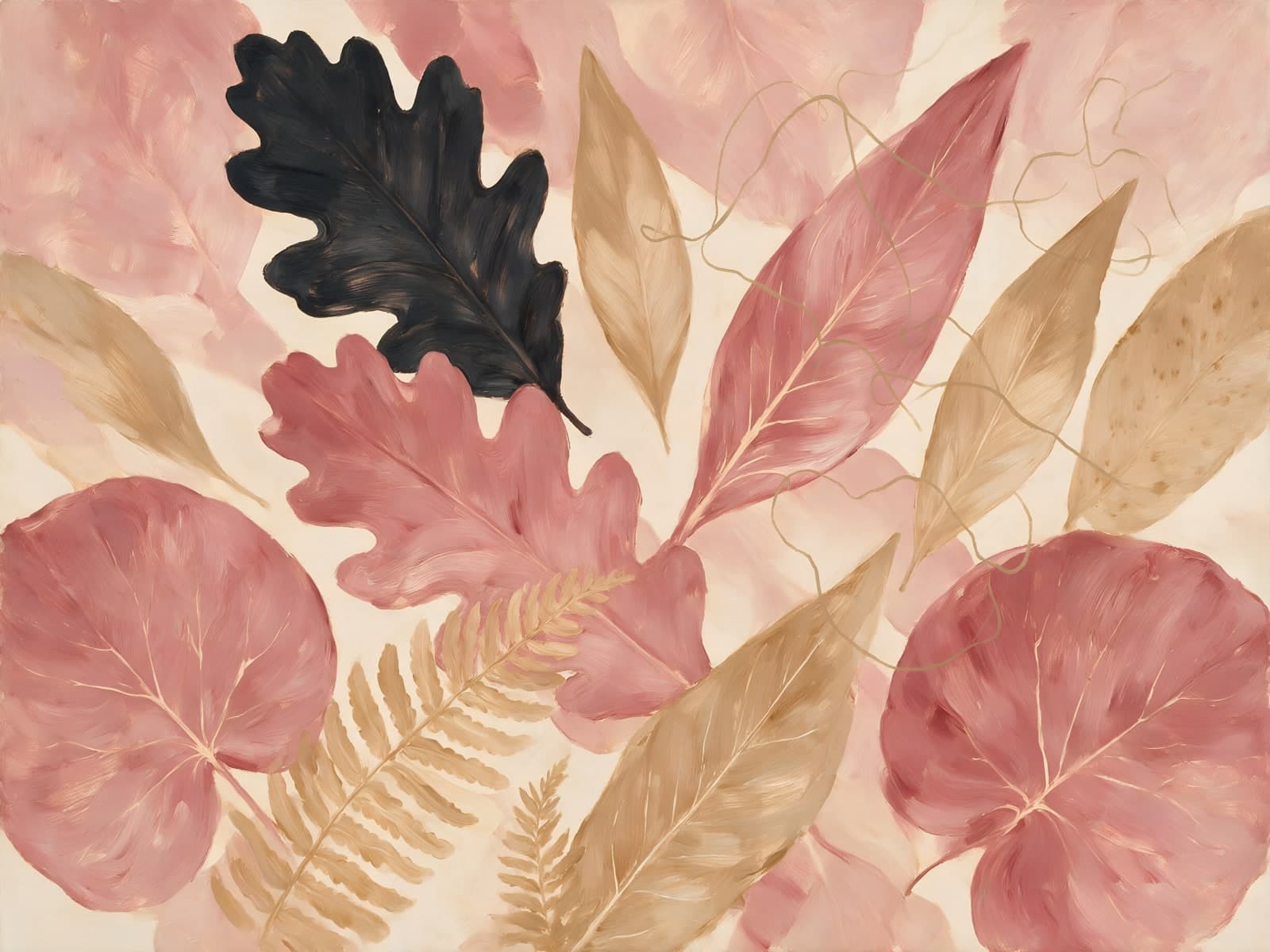 Roze herfstbladeren met één zwart eikenblad