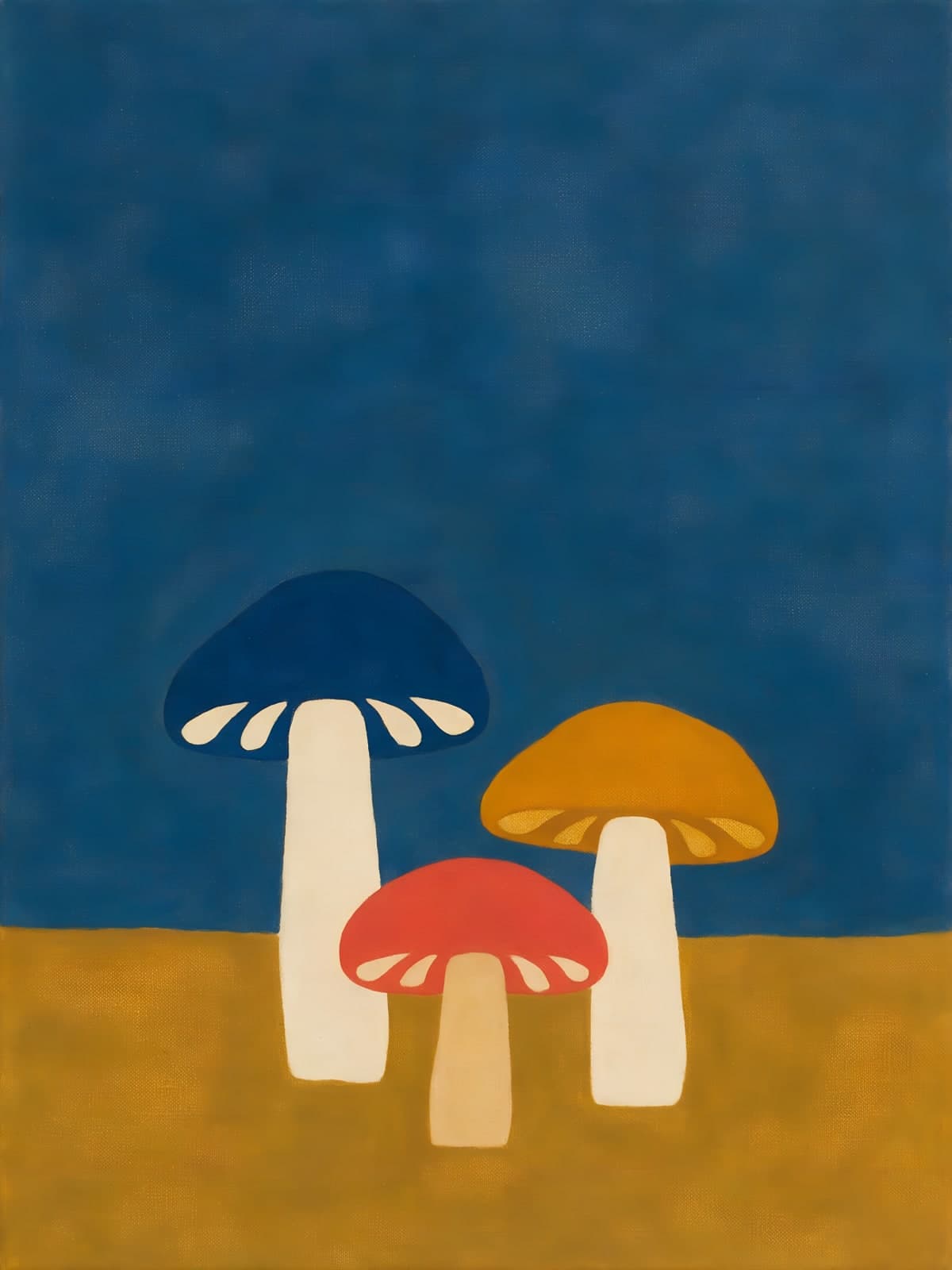Drie paddenstoelen op blauw en okergeel