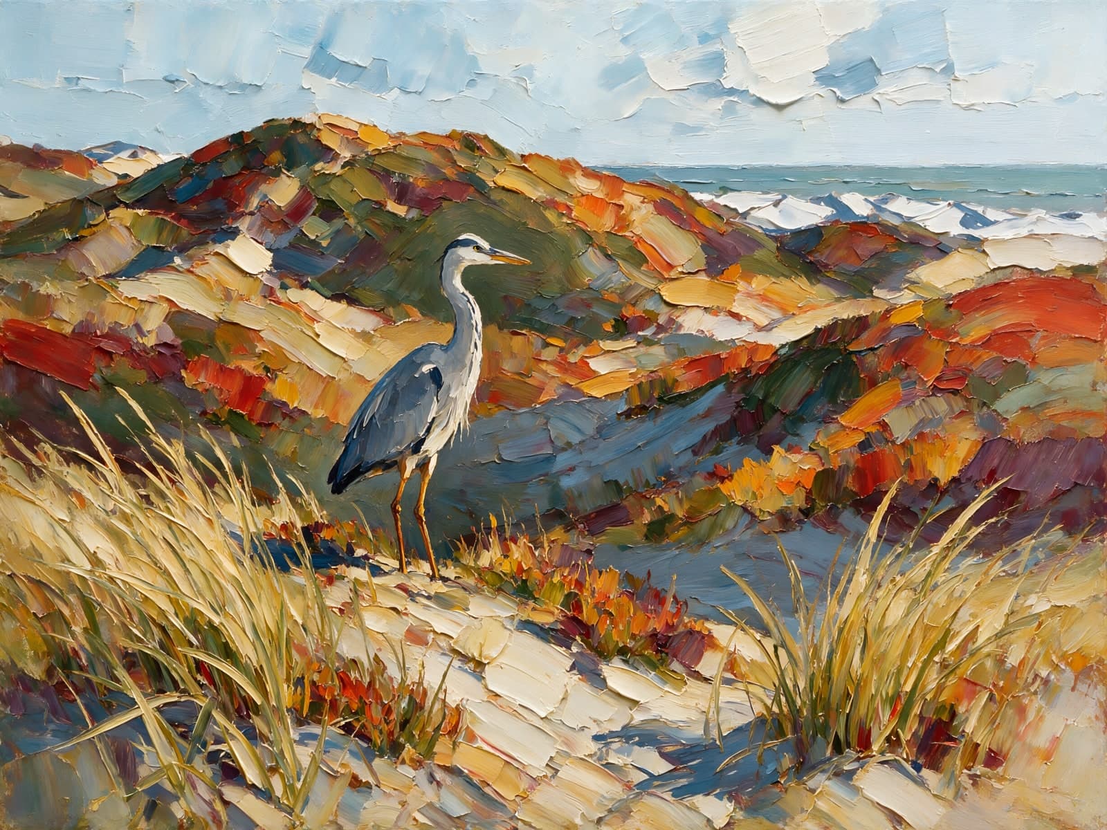 Blauwe reiger in kleurrijke herfstduinen