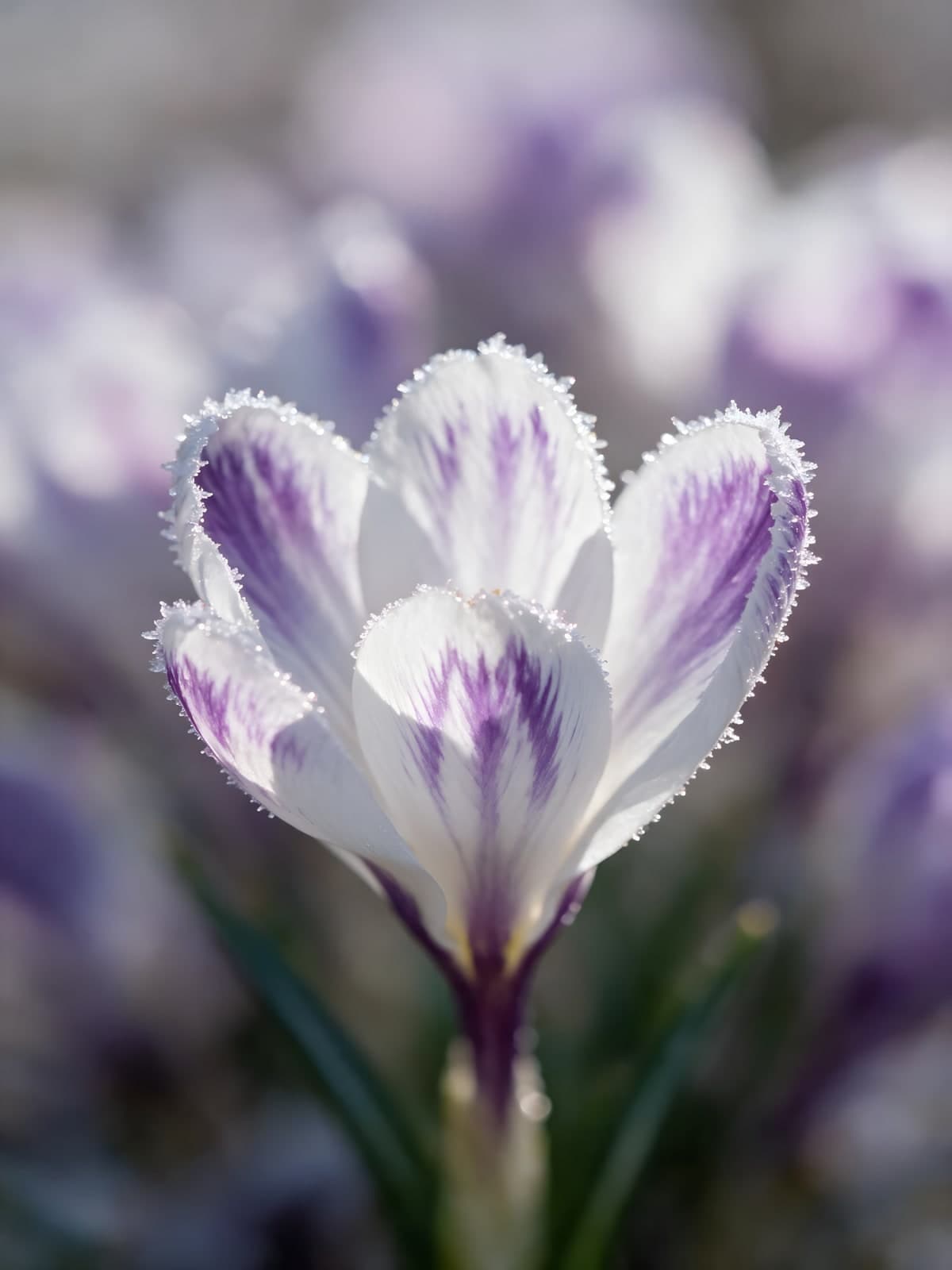 Witte krokus met paarse streep en rijp