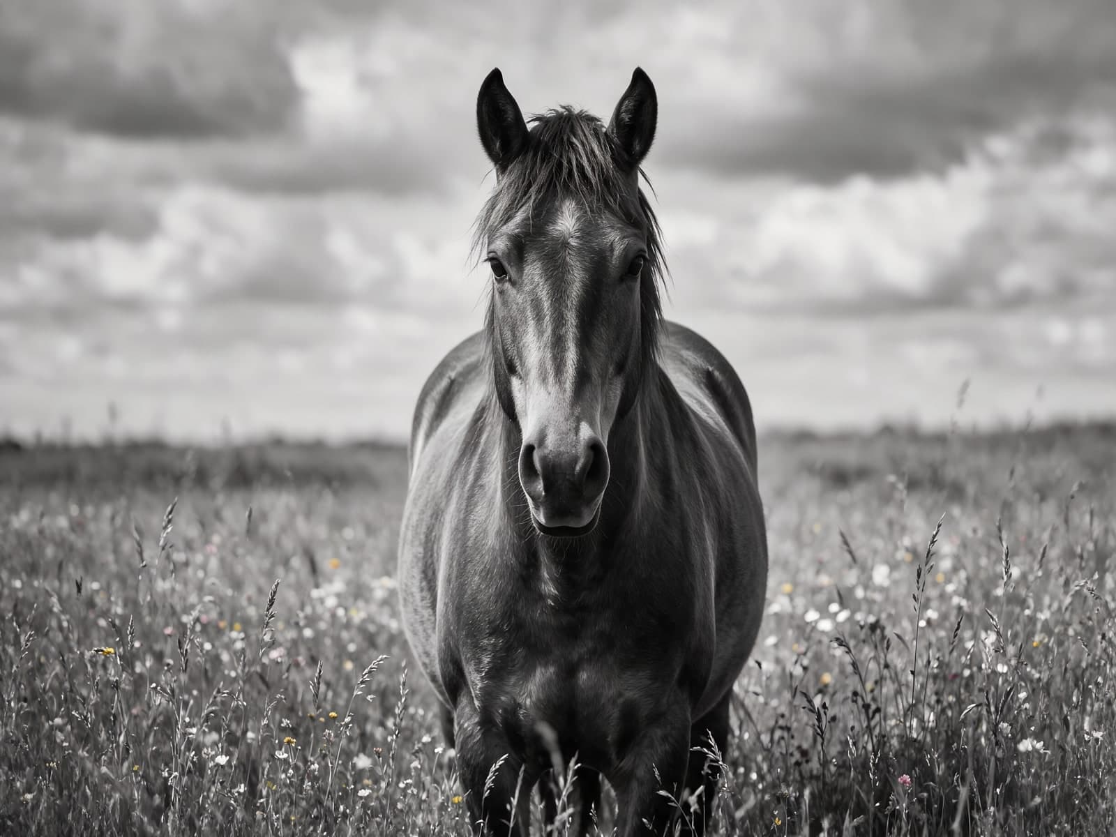 Paard in een bloemenweide onder wolken