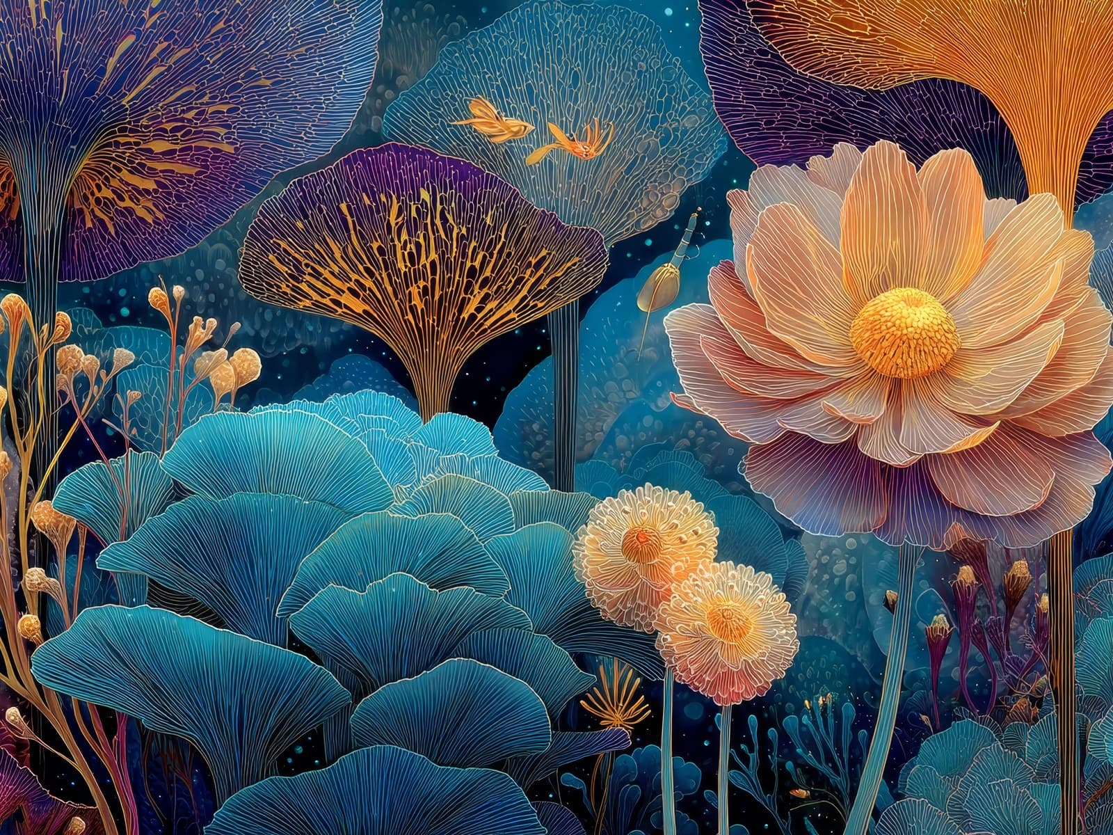 Perzikroze lotus tussen blauwe waaierbladeren