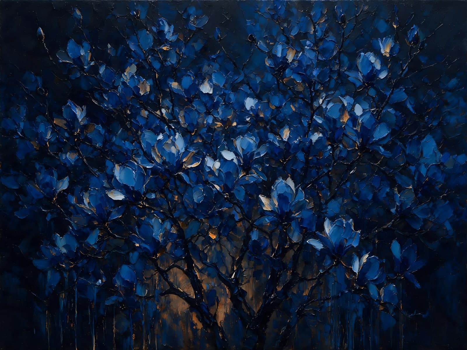 Blauwe bloesemtakken in de nacht
