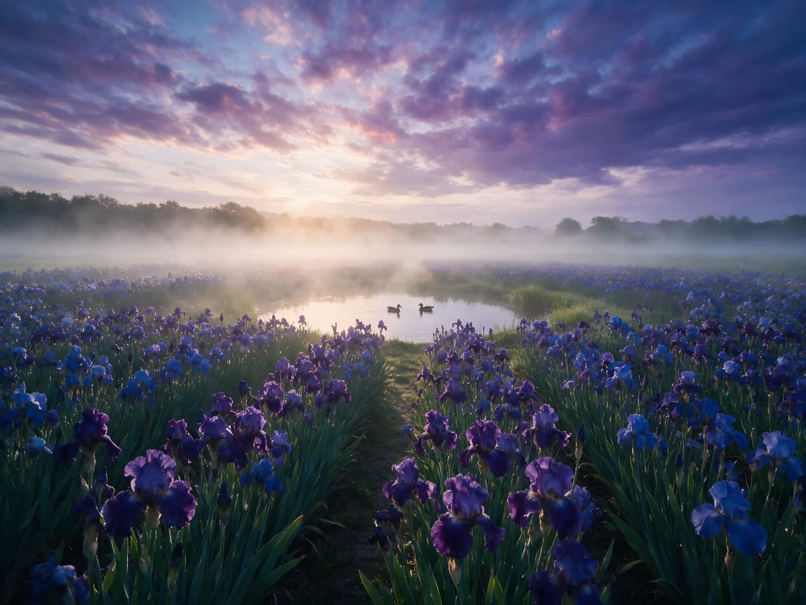Irissen in ochtendmist onder een paarse lucht