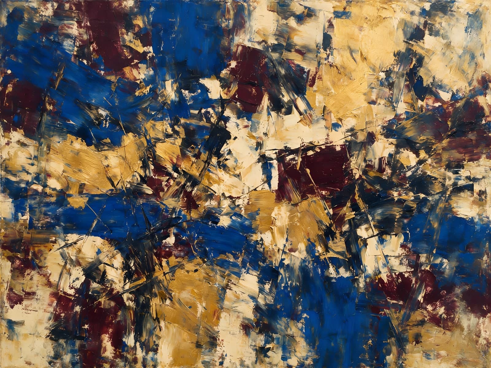 Blauw, goud en wijnrood in woelige verfstreken