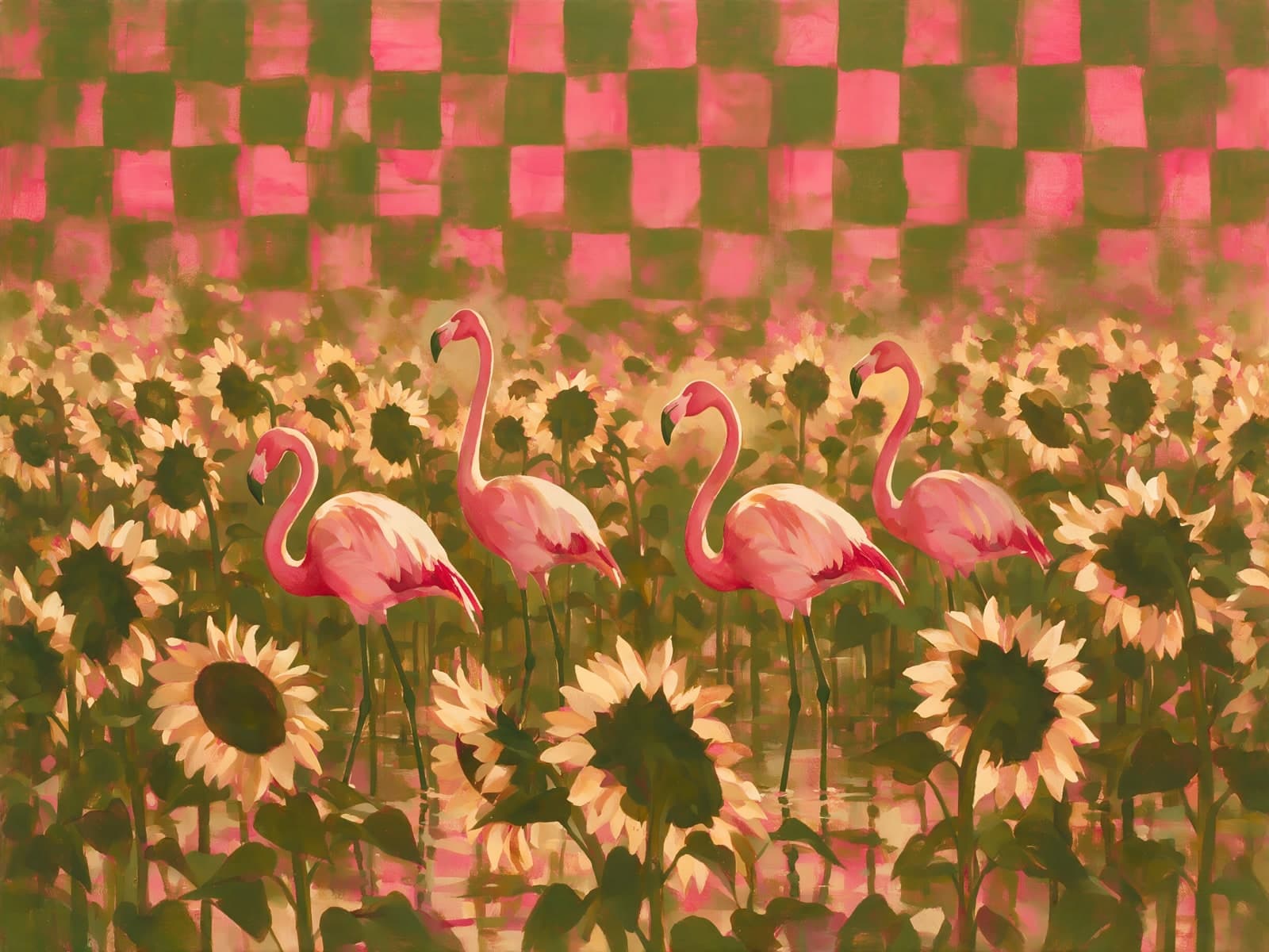 Flamingo's tussen zonnebloemen voor een geruit vlak