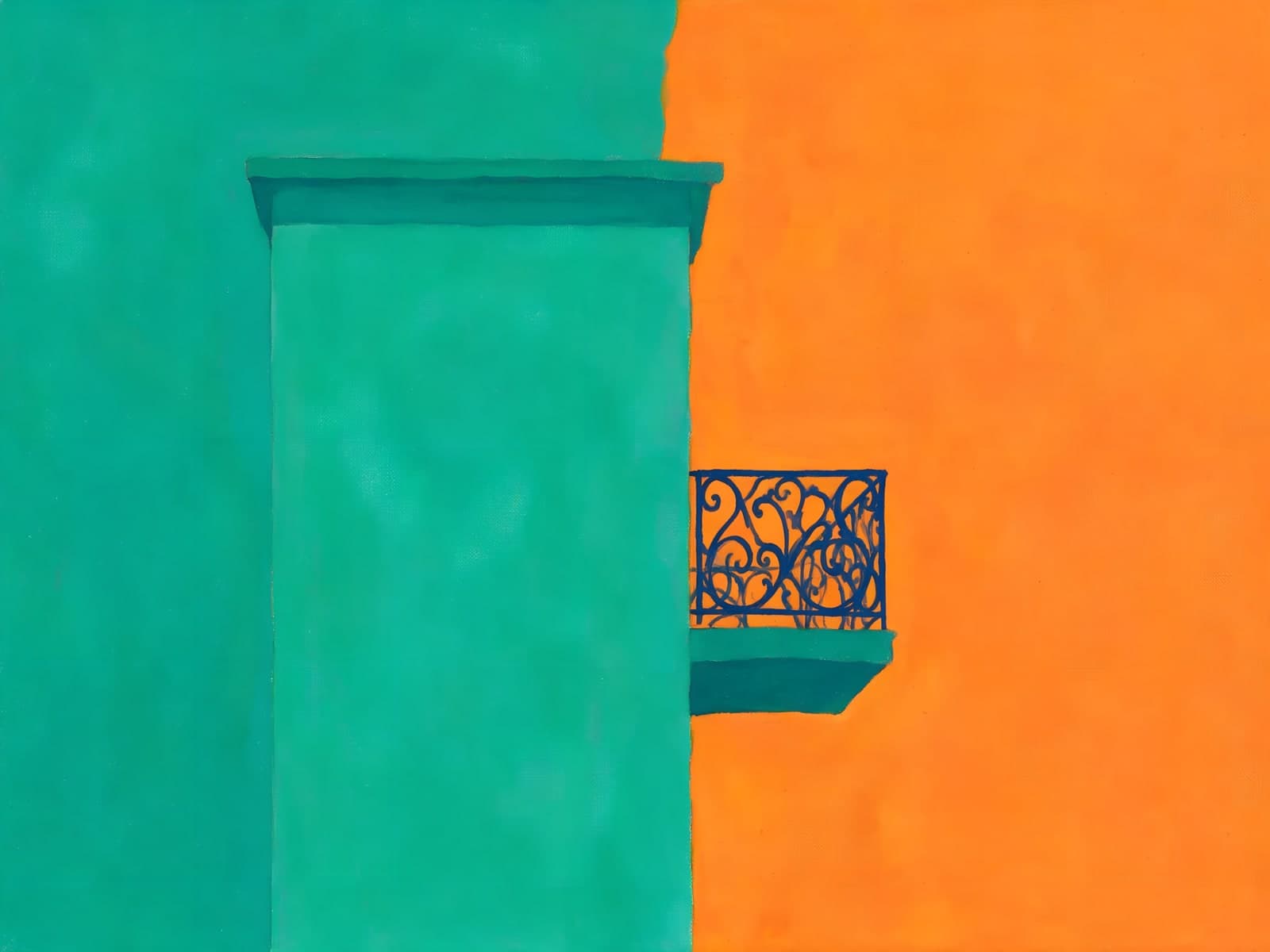 Turquoise en oranje muur met balkonnetje