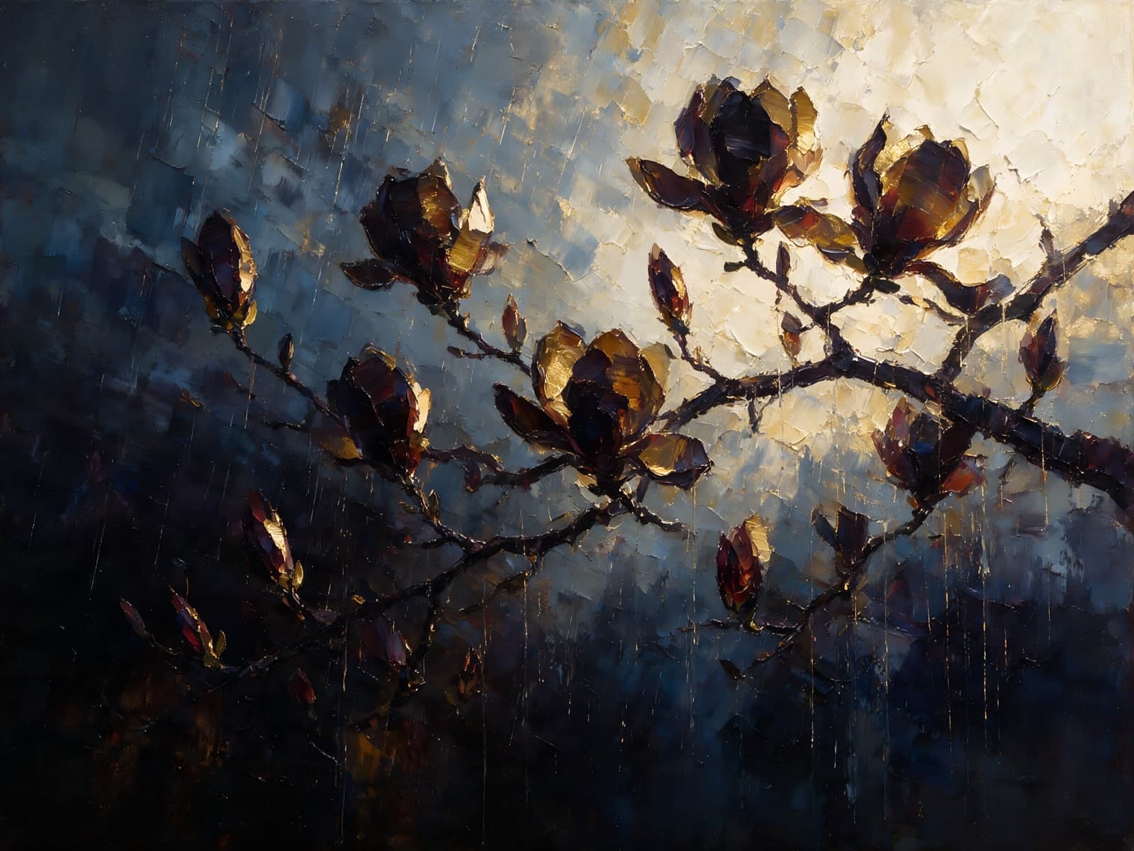 Donkere magnoliatak met gouden knoppen