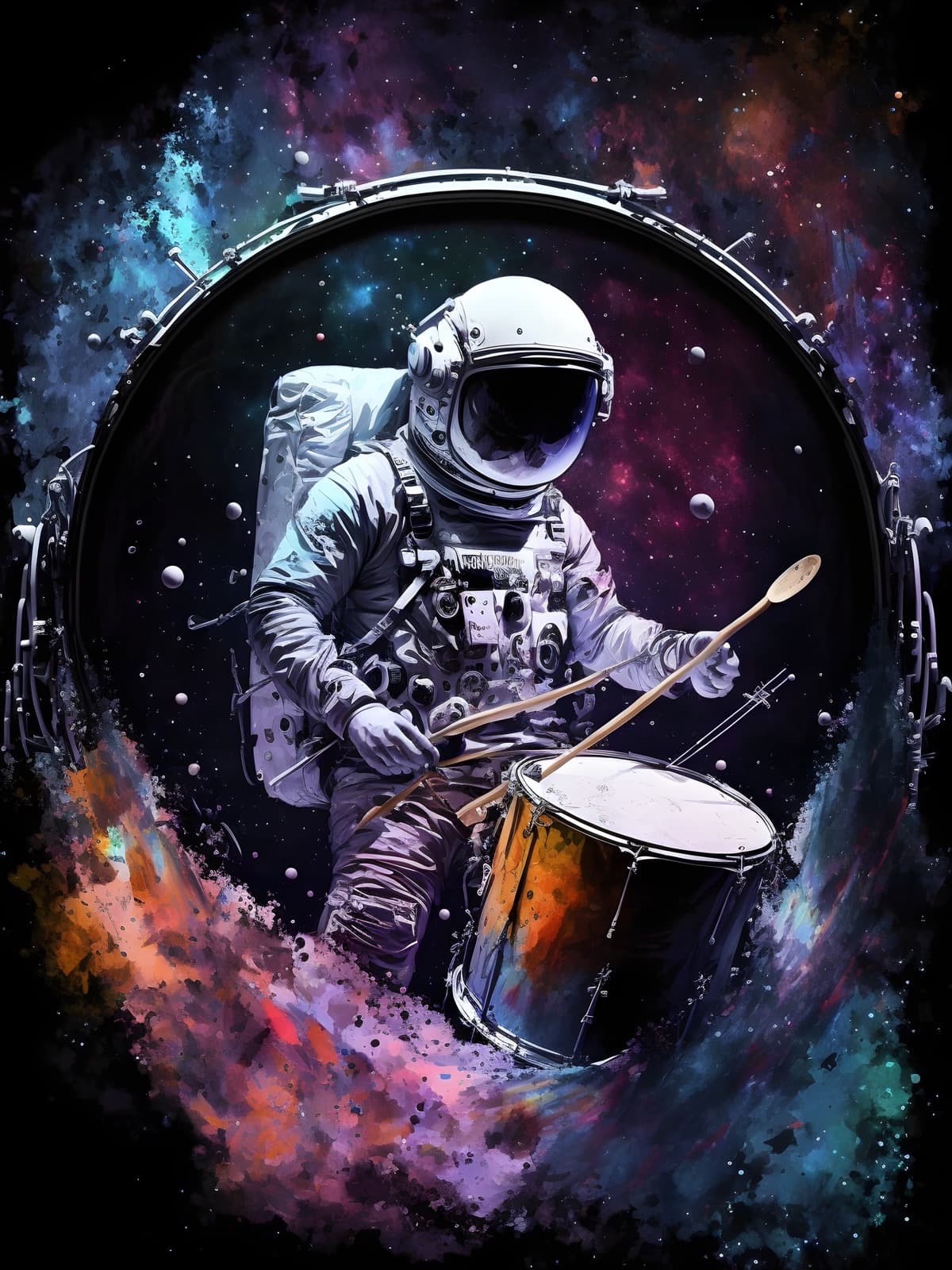 Astronaut slaat op trommel in sterrennevel
