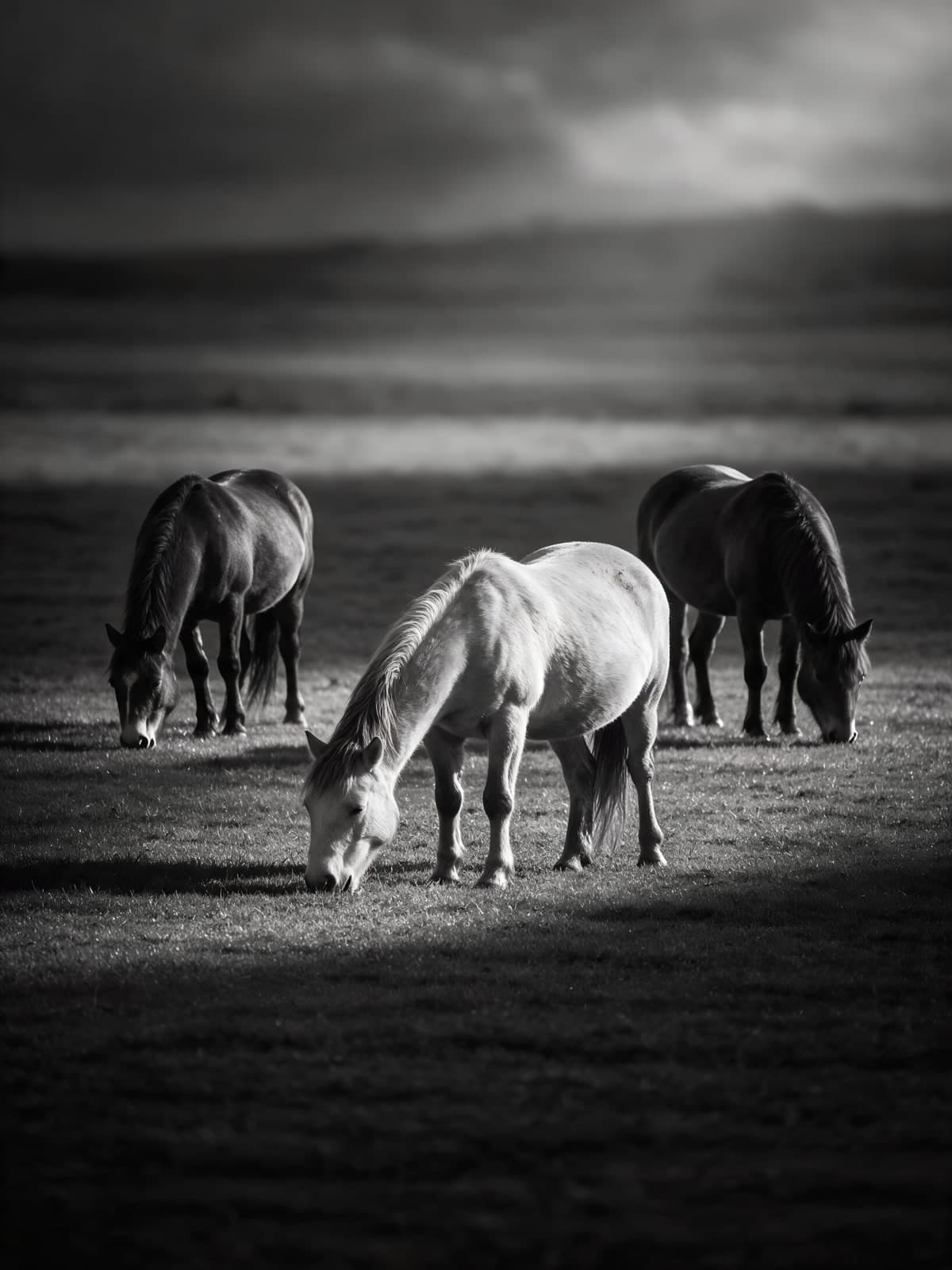 Grazende paarden in zwart wit onder wolken