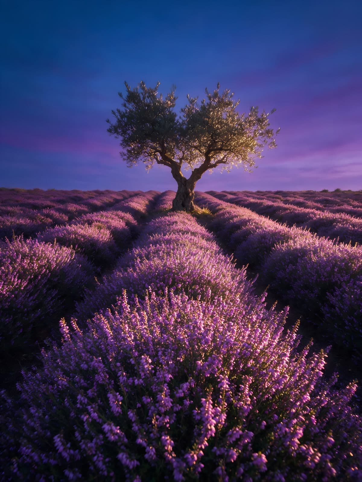 Eenzame boom boven rijen lavendel bij schemering