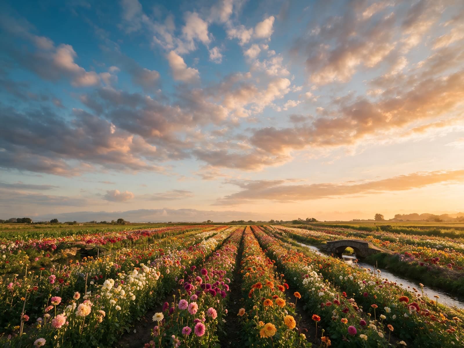 Bloemenvelden in rijen onder een gekleurde avondhemel