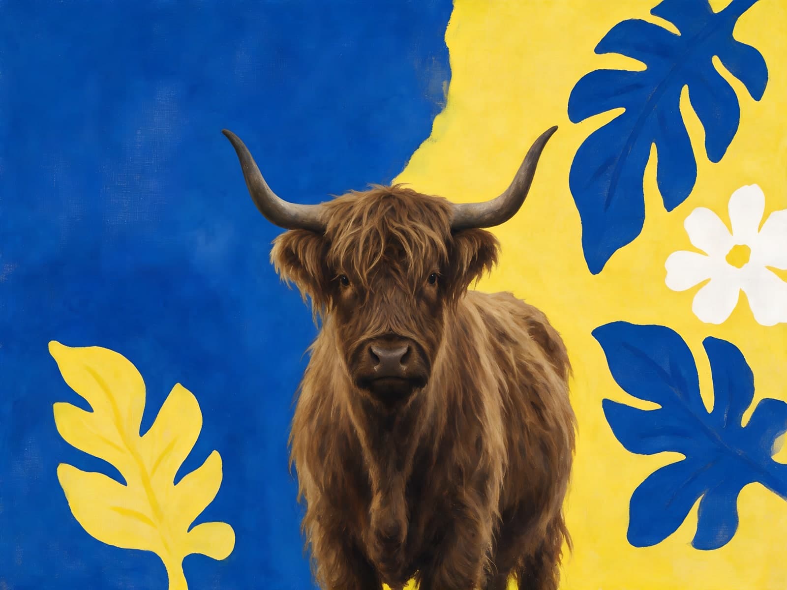 Hooglander tussen blauwe en gele bladeren