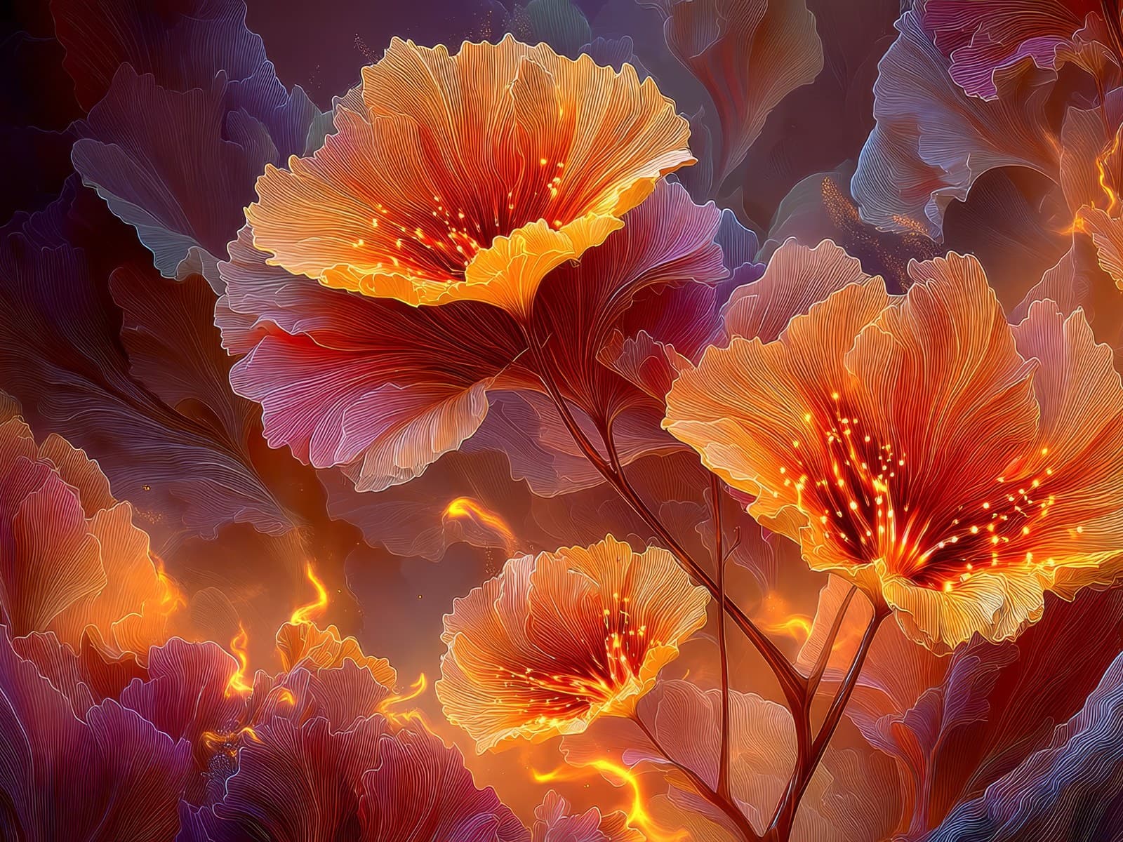 Oranje bloemen met vurige lijnen